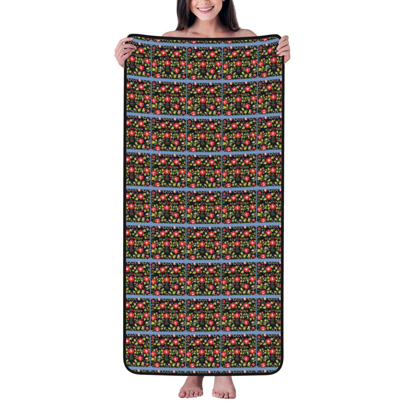 Nimongt Unisex Black Ukrainian Embroidery Style Rose Print Lightweight Comfort Coral Velvet Bath Towel Home Bathroom Hotel Spa Beach Travel