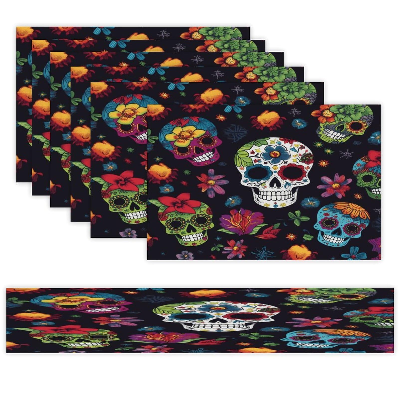 Flower Cactus Sugar Skull Table Runner and Placemats of 6 Washable Heat Resistant Place Mats with Table Runner Vintage Holiday Table Mat Set for Holiday Party Kitchen Dining Deco
