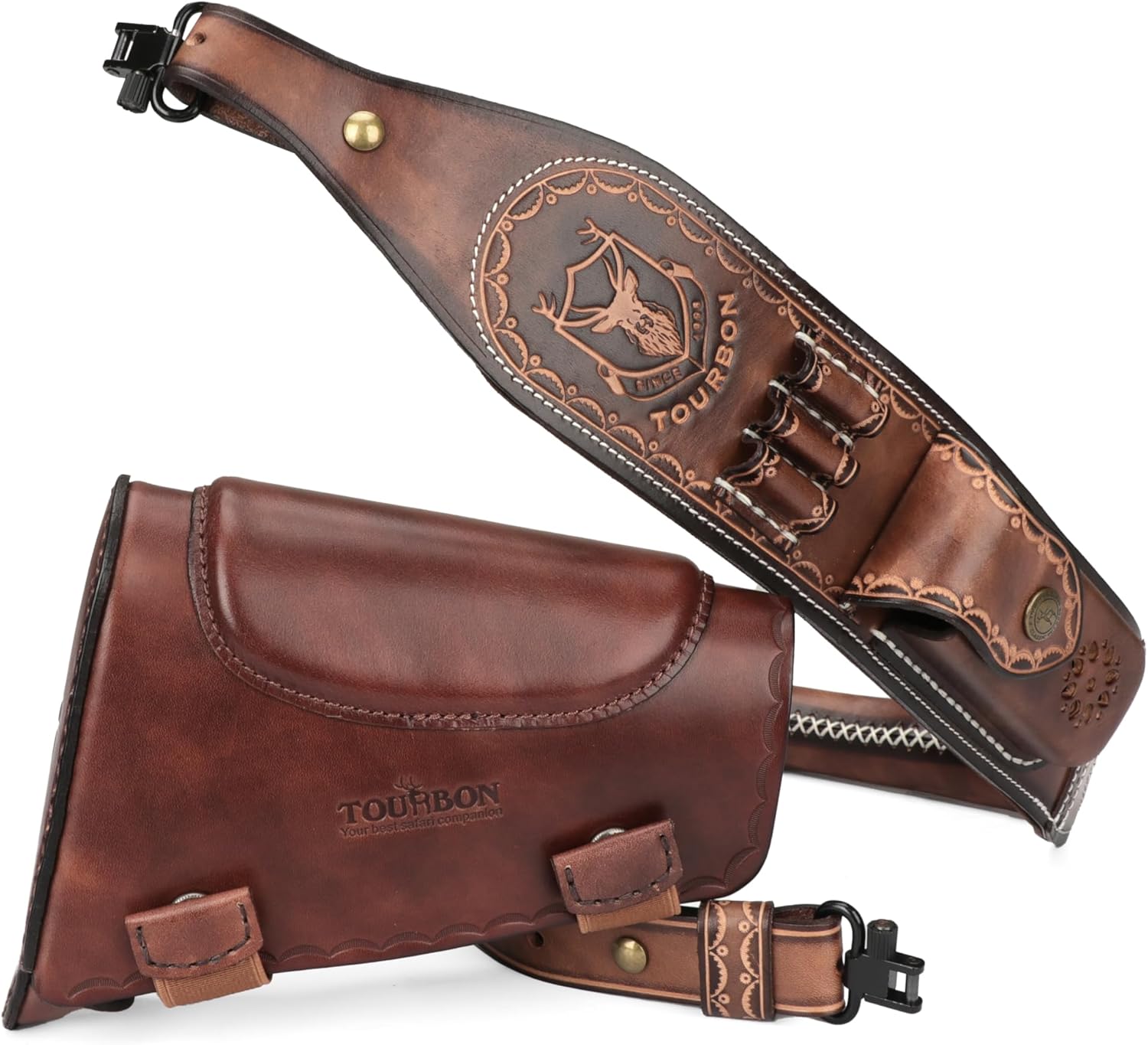 TOURBON Leather Gun Sling for Rifle with Swlives, Knife Holder Pouch, Shell Holder, Hunting Shooting Recoil Pad Cheek Rest Pad