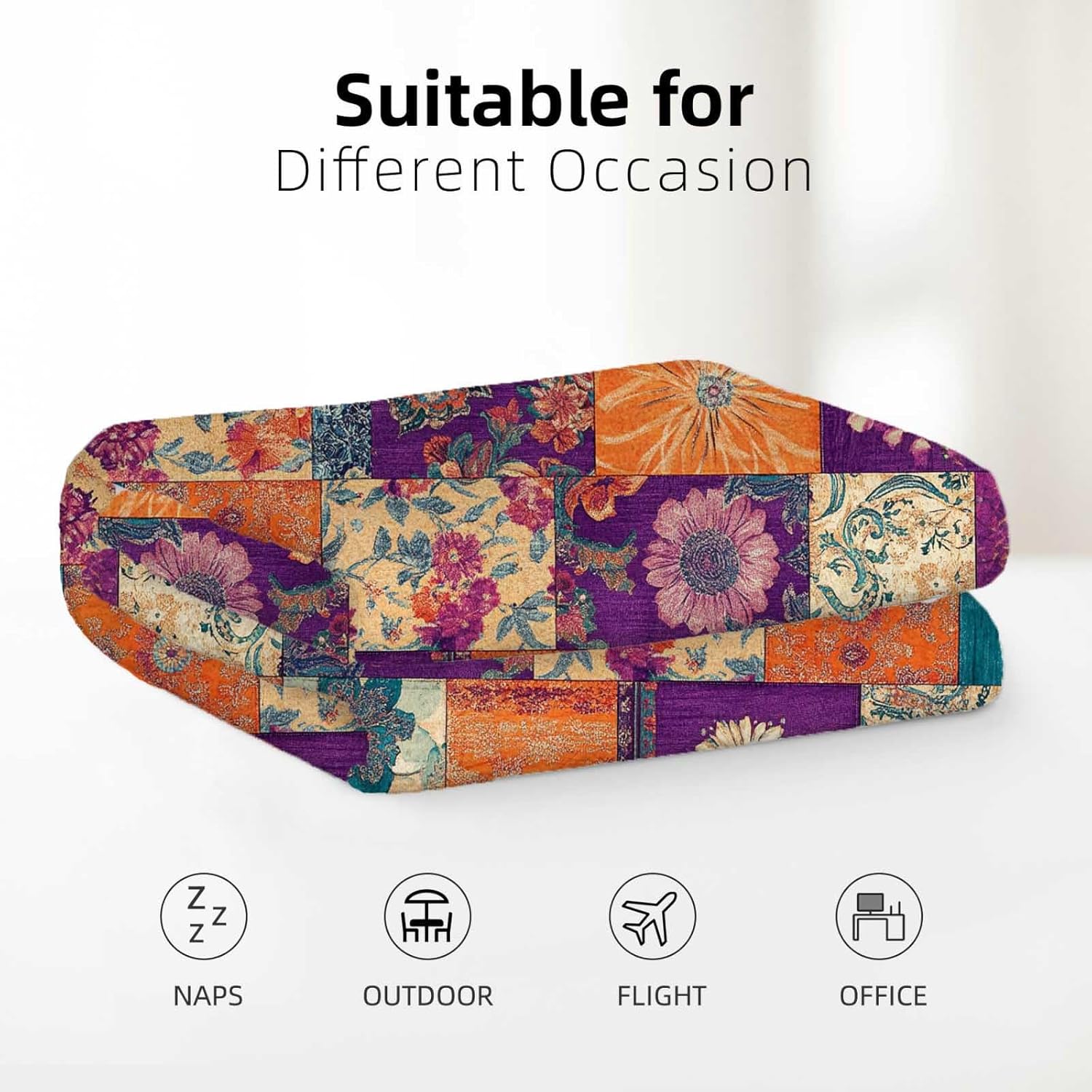 Printed Patchwork Blanket, Floral and Abstract Design Throw Quilt Pattern, Soft Cozy Blanket for Couch and Bed, Quilt Style, for Home Decor, 60"x50"