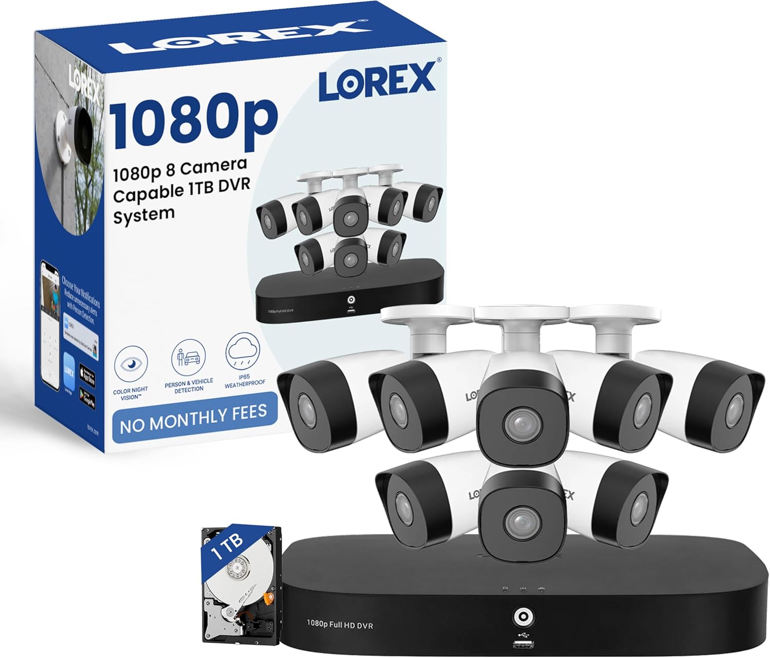 Lorex 1080p 8 Digital camera Succesful 1TB Wired DVR System | 8 White Metallic Housing Bullet Cameras | 65ft Night time Imaginative and prescient | Good Movement Detection | IP67 Weatheproof