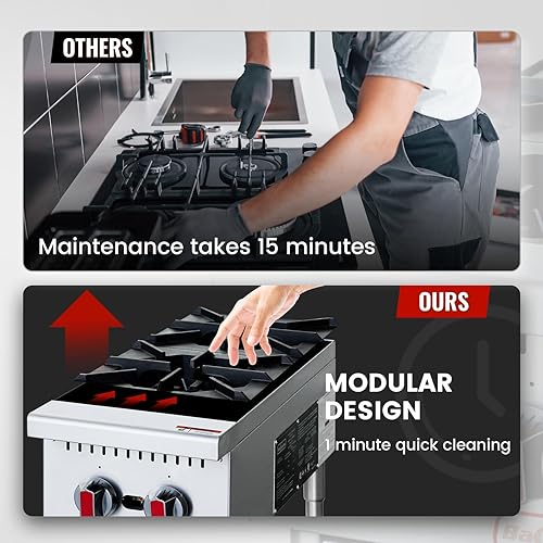 Miniatura 5 de Estufa de gas comercial de 2 quemadores, estufa de cocina de encimera de 50,000 BTU, placa caliente resistente, equipo de cocina de acero inoxidable