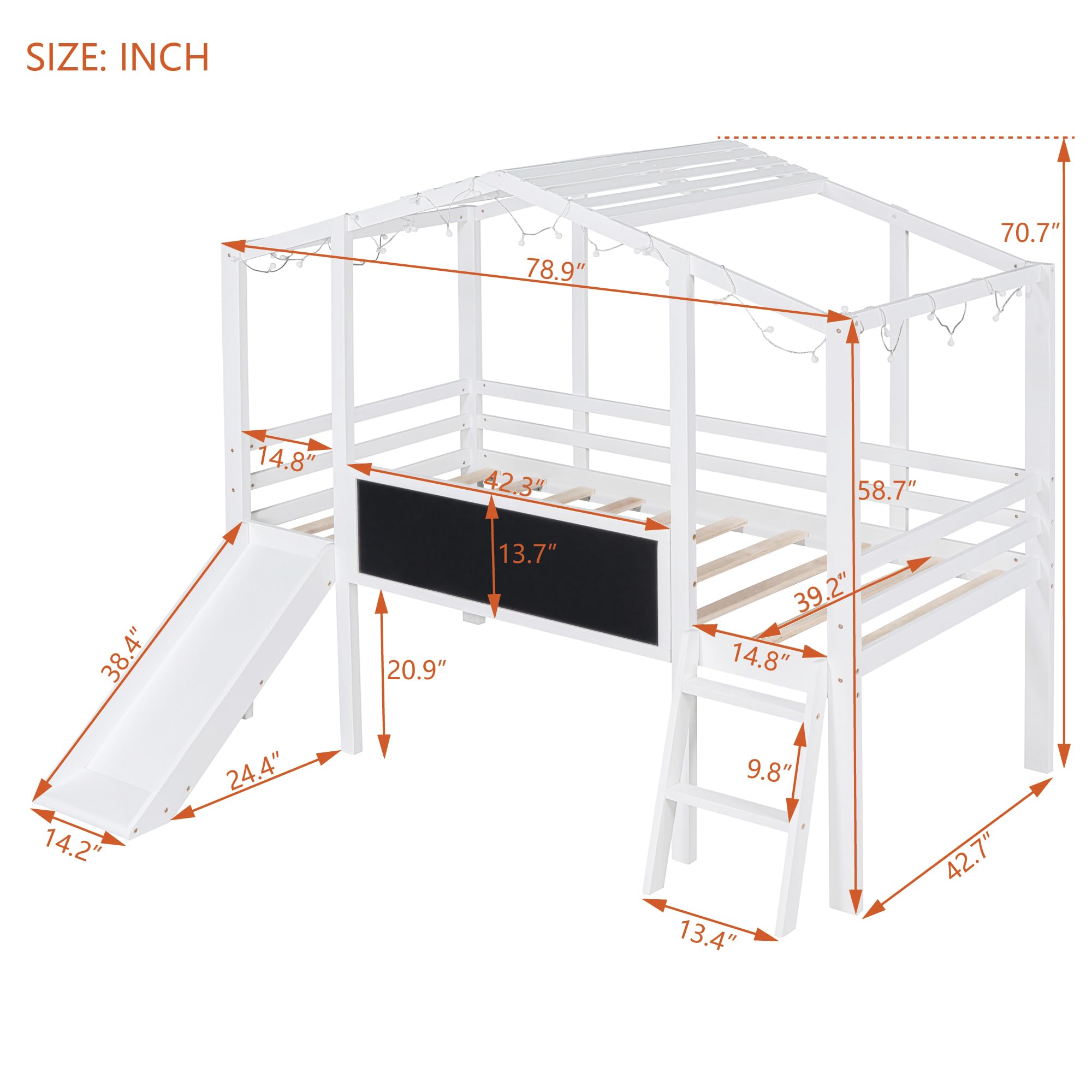 Twin Size House Shape Loft Bed with Slide, Wood Playhouse Loft Bed with Blackboard and Light Strip on The Roof, White