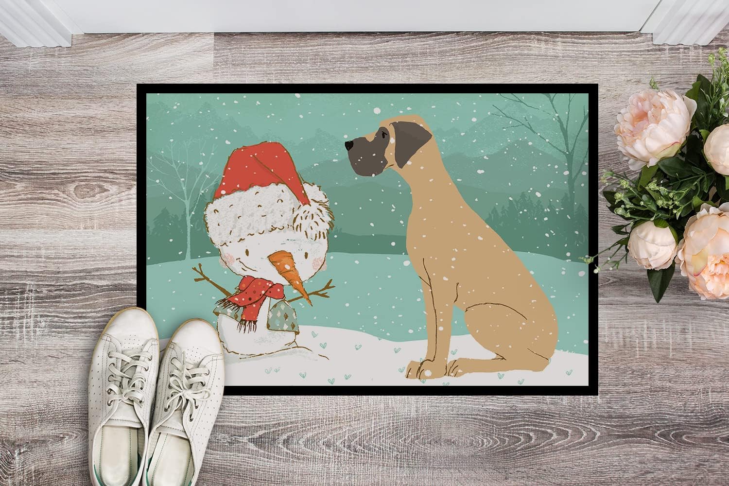 Caroline's Treasures CK2040JMAT Fawn Natural Great Dane Snowman Christmas Doormat 24x36 Front Door Mat Indoor Outdoor Rugs for Entryway, Non Slip Washable Low Pile, 24H X 36W