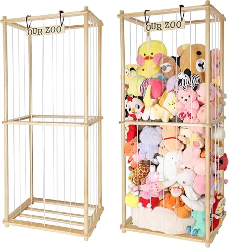 Estante organizador grande de peluche de 63 pulgadas para niños, estante organizador de almacenamiento de felpa de madera con cordón elástico para