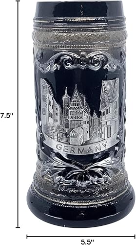 Miniatura 5 de Essence of Europe Gifts OktoberfestHaus - Jarra de cerveza alemana de Rothenburg con emblema de metal sobre una jarra de cerámica de color negro