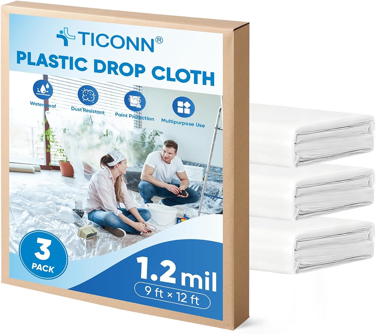 TICONN 12 x 9 Ft Plastic Drop Cloth for Painting, Waterproof Painters Plastic Sheeting, Painting Tarp for Furniture Cover, Floor Protection (3PK, 1.2Mil)