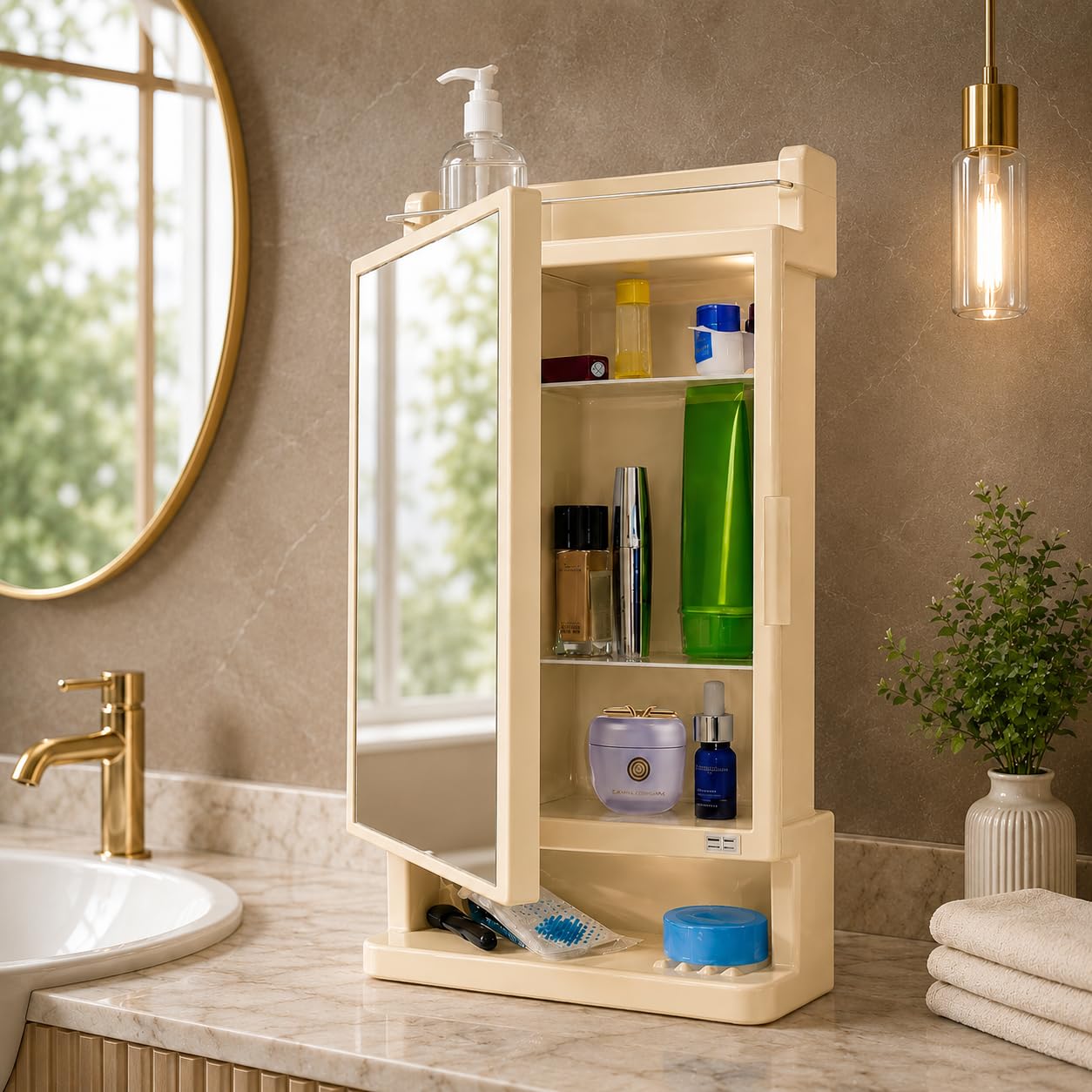 KRELIX Plastic Premium Multipurpose Wall Mounted Storage Cabinet with Mirror β Space-Saving Bathroom & Bedroom Organizer, Sleek Modern Design (Ivory) 2