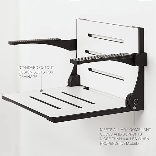 Miniatura 3 de Seachrome Silhouette Comfort - Banco de ducha plegable con brazos, asiento blanco con marco negro mate