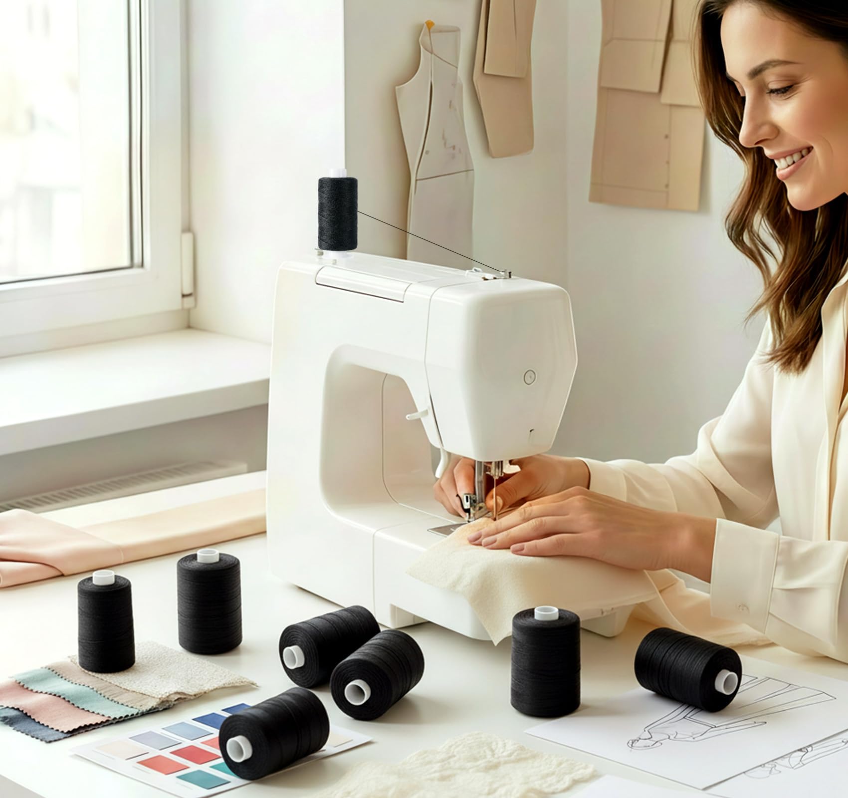 Hilo para coser, hilo de coser negro, 1000 yardas por carrete, hilo negro de poliéster, hilo multiusos, surtido de hilos para máquina de coser para coser a mano con enhebradores de aguja y