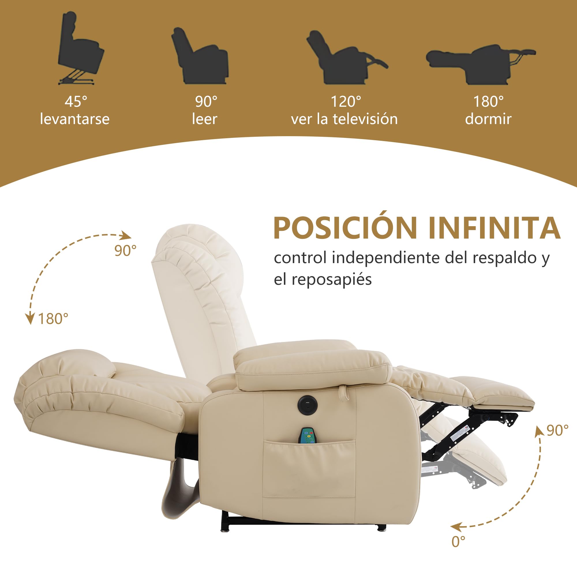DUANDUAN Sillón Relax eléctrico con 2 Motores y Ajuste Continuo, función de reclinación de 180°, función de Cama, función de Masaje, Ayuda para levantarse, vibración y calefacción (Beige)