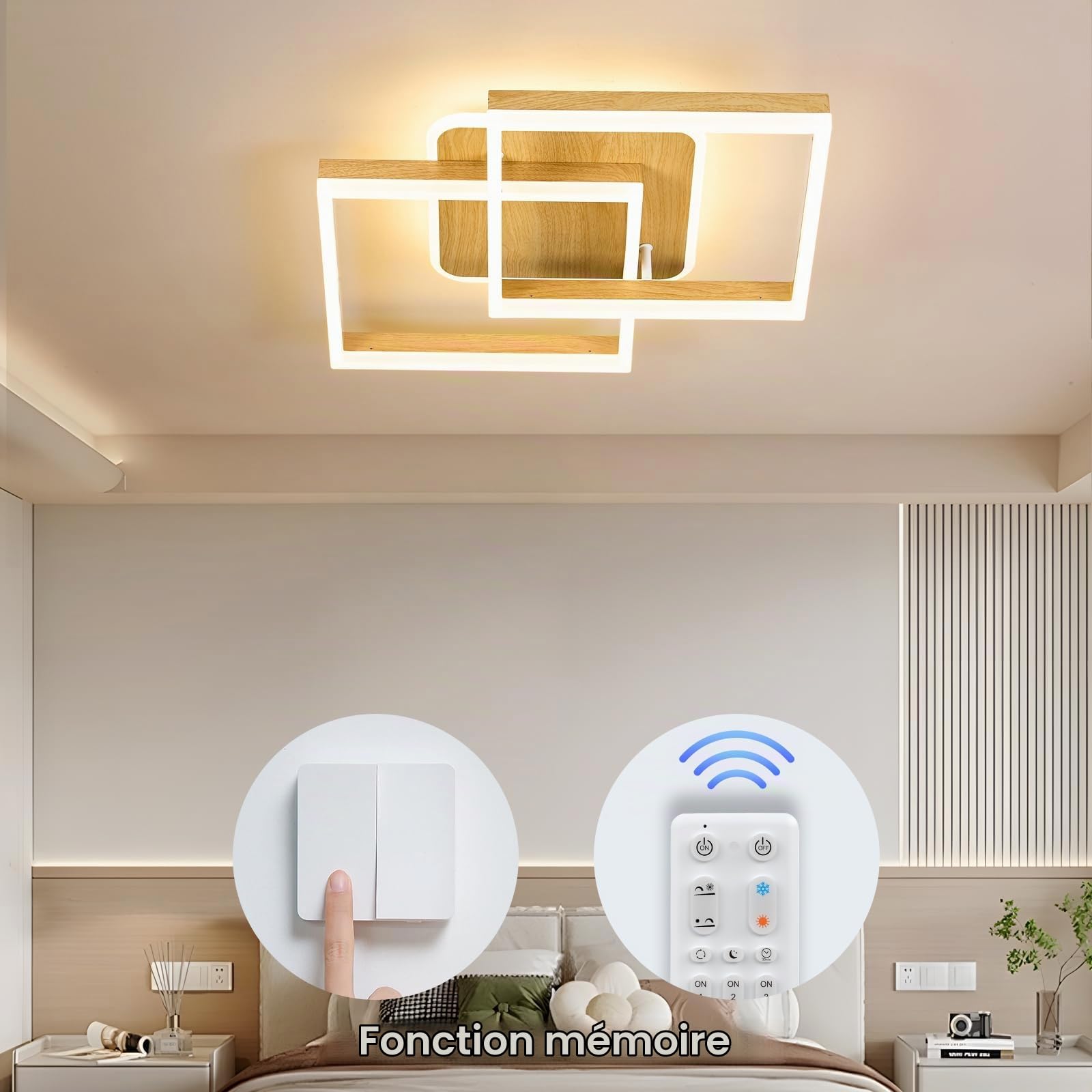 ANTENLICHT 40W Plafonnier LED Luminaire Salon Dimmable avec Télécommande Moderne design géométrique, Blanc Chaud à Froid 3000K-6500K, Éclairage de Plafond pour Chambre, Salle à Manger, Aspect Bois