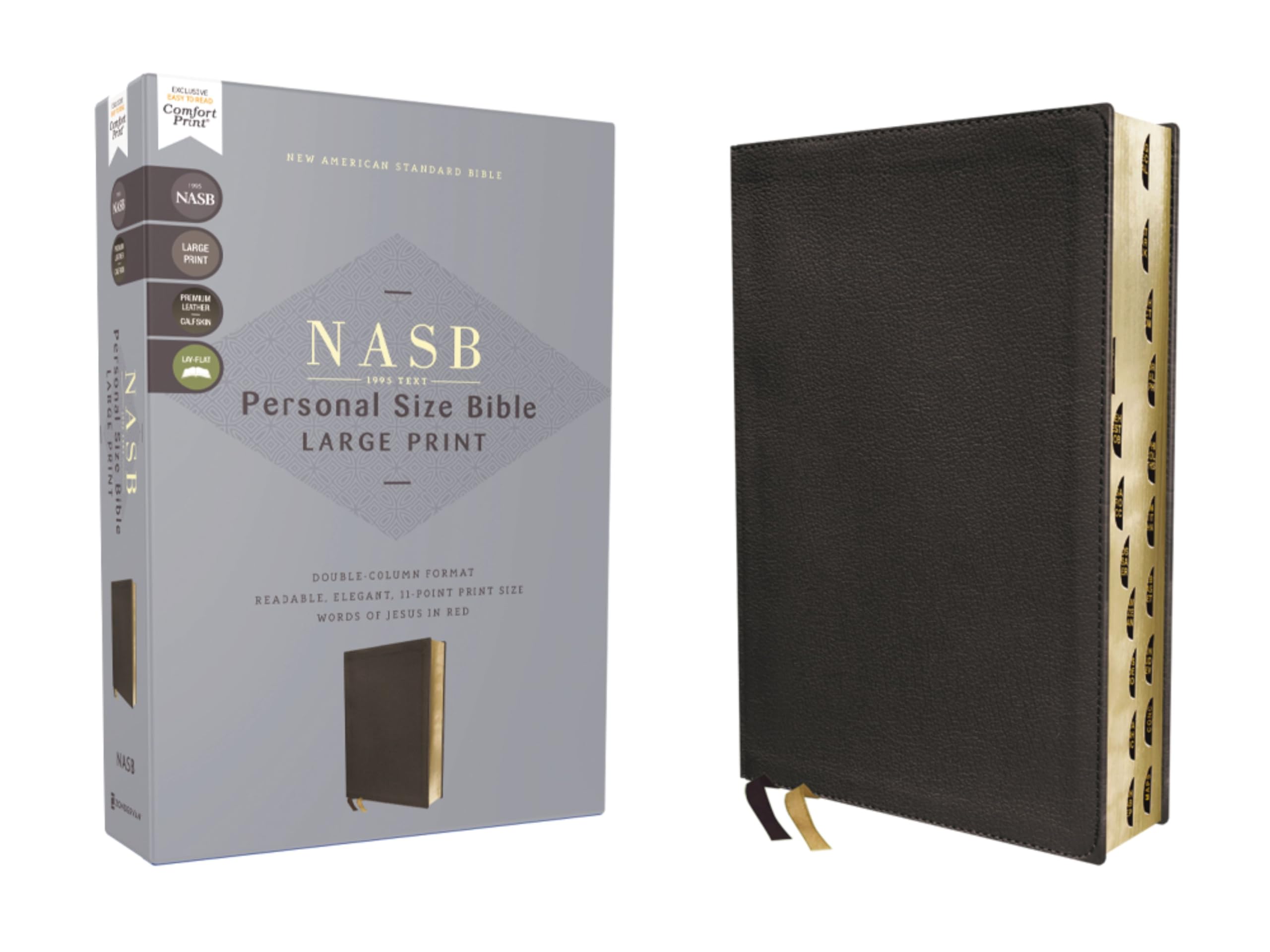 NASB, Personal Size Bible, Large Print, Genuine Leather, Calfskin, Black, Red Letter, 1995 Text, Thumb Indexed, Comfort Print