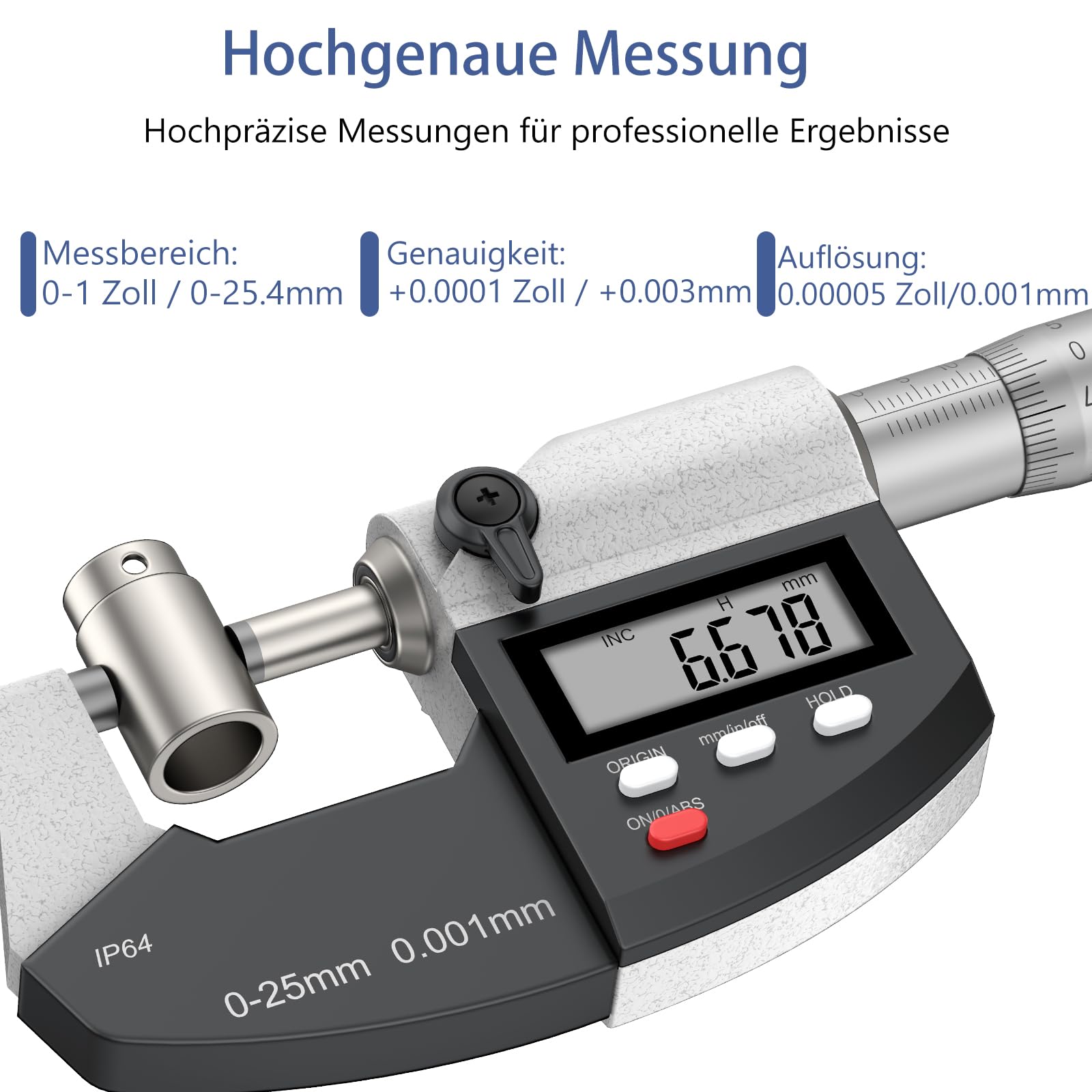 Digitale Bügelmessschraube 0-25 mm, Digital-Mikrometer Auflösung 0,001 mm, Zoll/mm-Umschaltung, Präzision 0,003 mm Genauigkeit, Dual-Mode-Mikrometer großes LCD-Display mit Schutzhülle.
