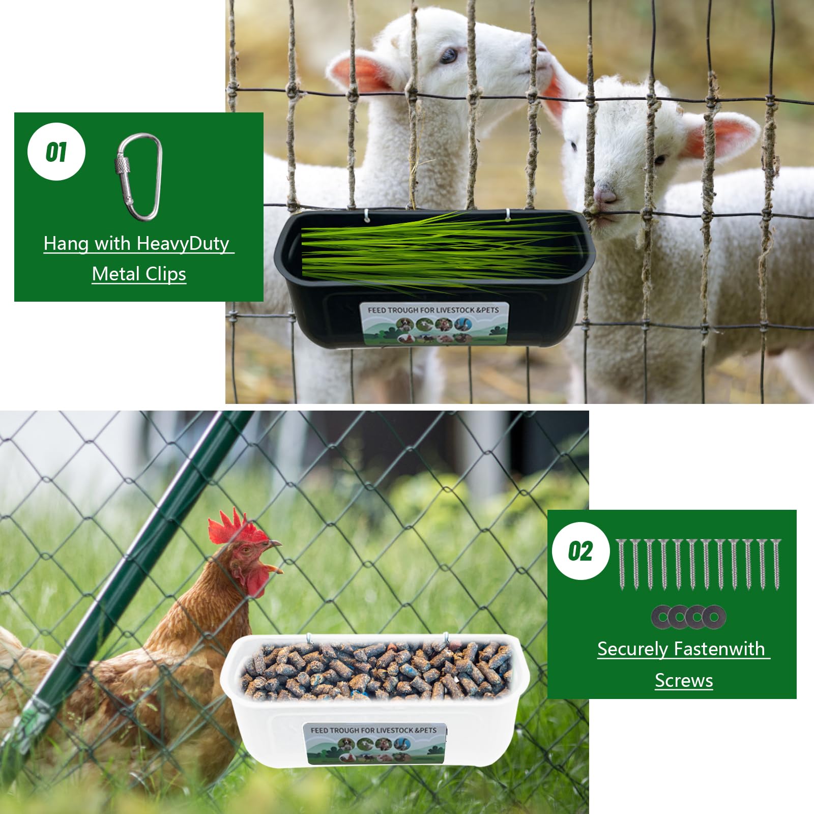 BREUAILY 2 in 1 Mangiatoia Sospesa per Capre, Pecore e Cavalli - Grande Capacità per Fieno e Cereali - Resistente Alimentatore per Bestiame (Nero