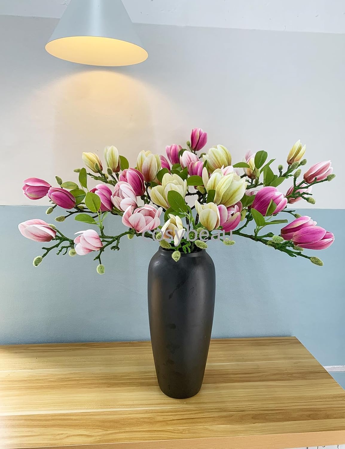 Elegant Artificial Magnolia Flower Stems(Not Included Vase), Half-Bloom Faux Magnolia Branches for Magnificent Home Decor (9, 3pink+3green+3purple)