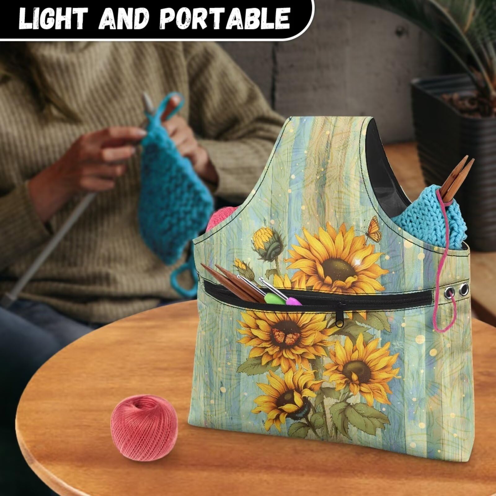 Babrukda Crochet Bag Storage Organizer, Retro Sunflower Plank Print Yarn Bag, Knitting Tote Bag, Craft Kits Bag, Yarn Holder for Crochet Accessories, Handbag for Daily Travel Beach, Large