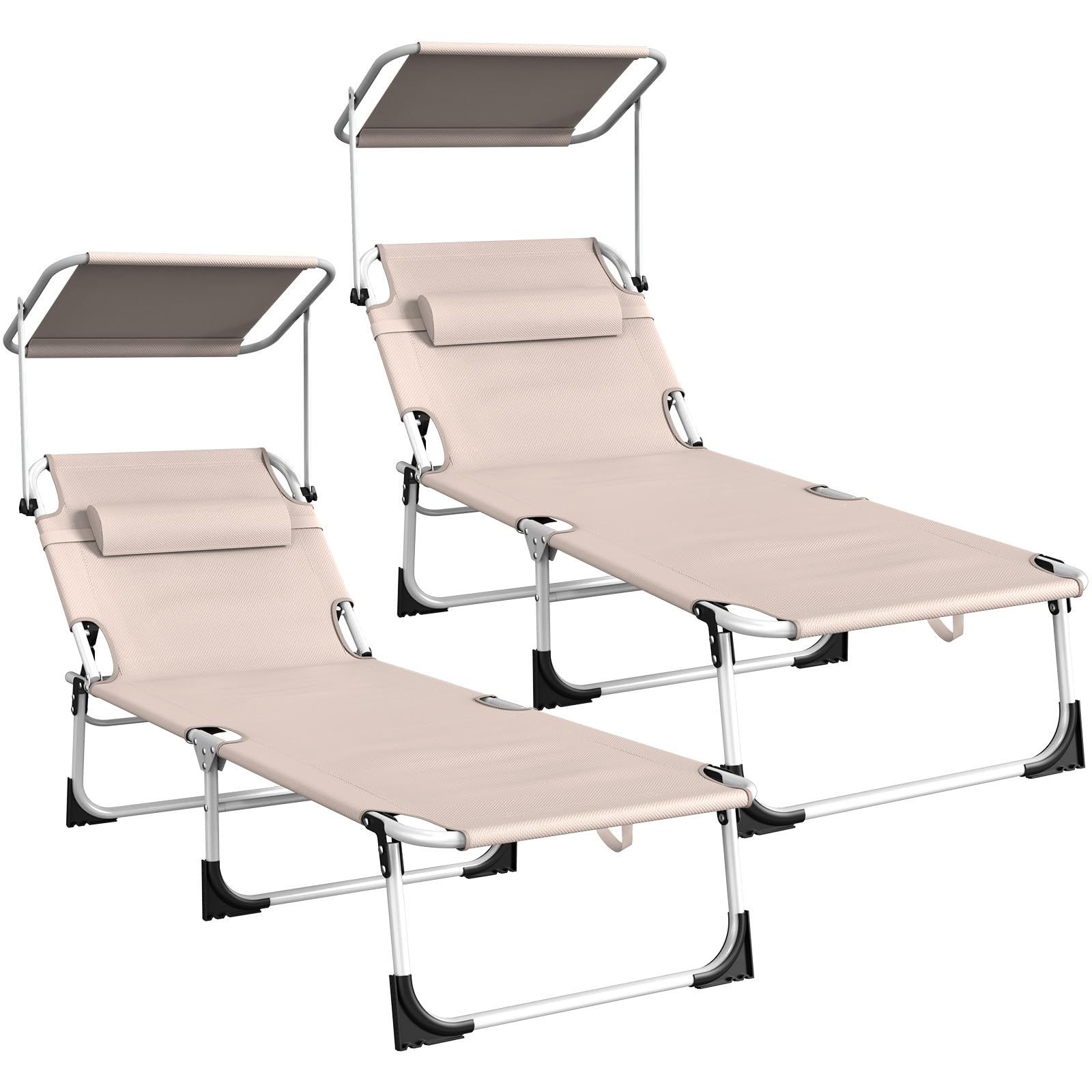 Sonnenliege Klappbar mit Dach 2er Set, Liegestuhl Aluminium Wetterfest 194 X 68 X 29 cm, Strandliege Gartenliege Klappliege Sonnenschutz mit Kopfkissen & Seitentasche, Khaki