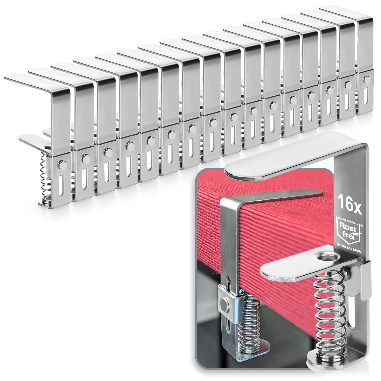 com-four® 16x Premium Tischdeckenklammer aus Edelstahl, Tischklammern | 5,5 cm - Tischtuchklammer rostfrei für drinnen und draußen