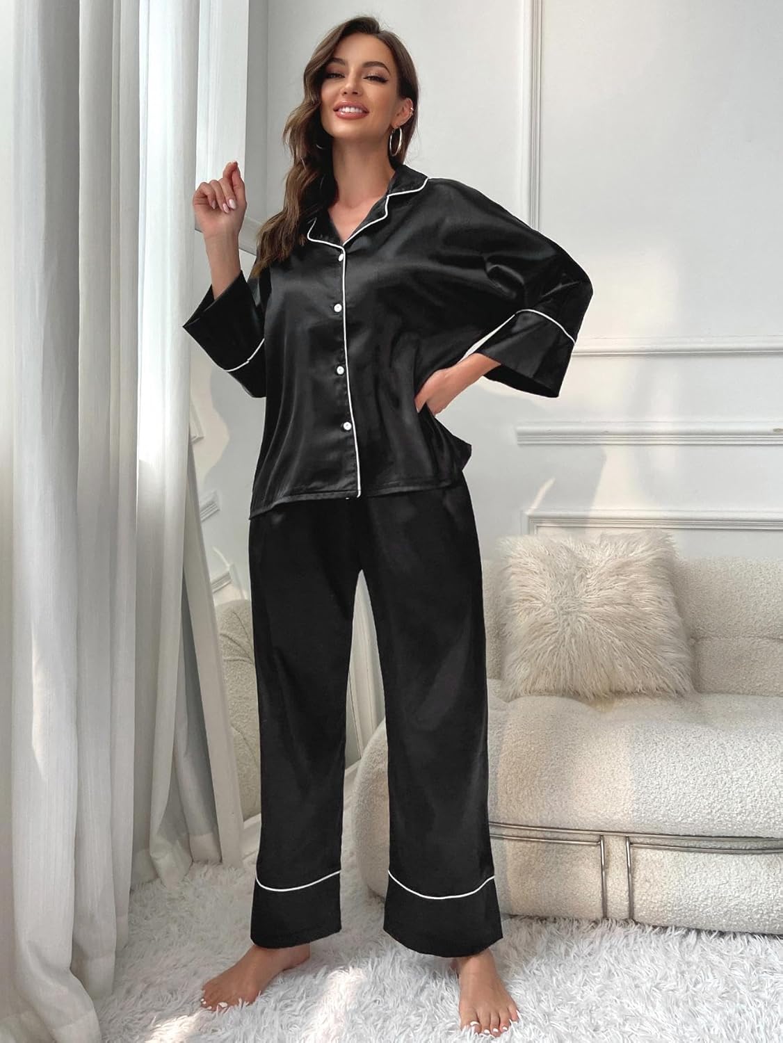 Women's Classic Sleepwear Long Sleeve Button Down Satin Silk Sleepwear Wide Leg Pants Loungewear Pajama Set 2 Piece - Image 6