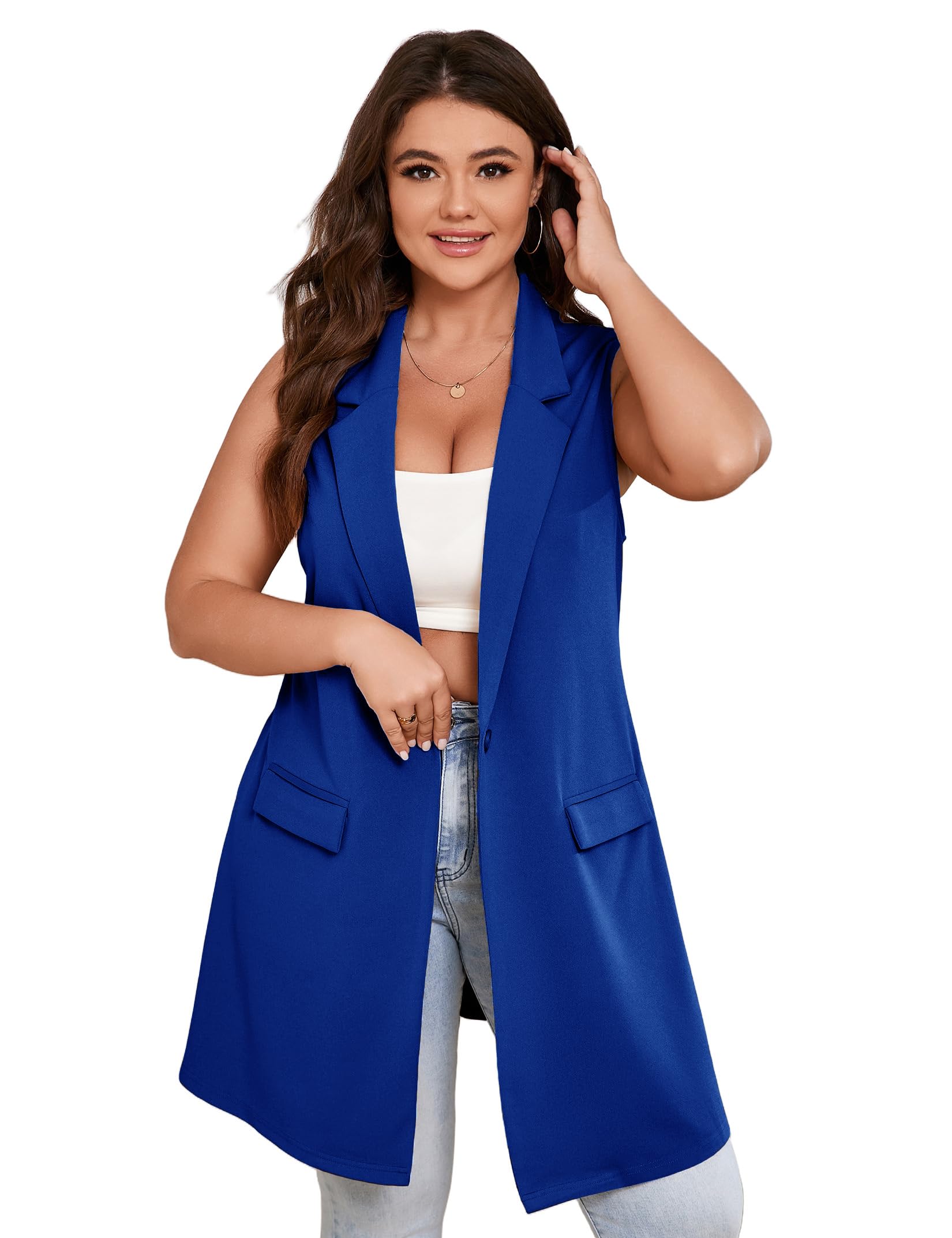 ShopWonder Womens Plus Size Sleeveless Blazer Lapel Single Button Casual Work Office Jacket Vests with Pockets
