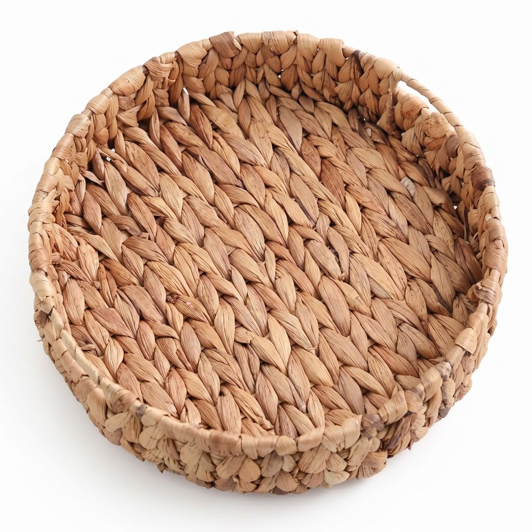 Syutokul Round Woven Tray Round Rattan Tray Wicker Woven Handwoven Water Hyacinth Wicker Serving with Handle for Kitchen/Bedroom/Bathroom S