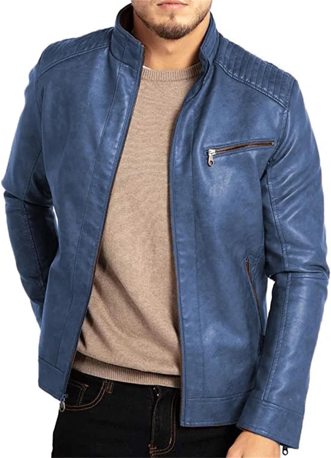 Men’s PU Leather Motorcycle Jacket Multi-Pocket Thickened Casual Outerwear Warm Zip-Up Faux Leather Coat