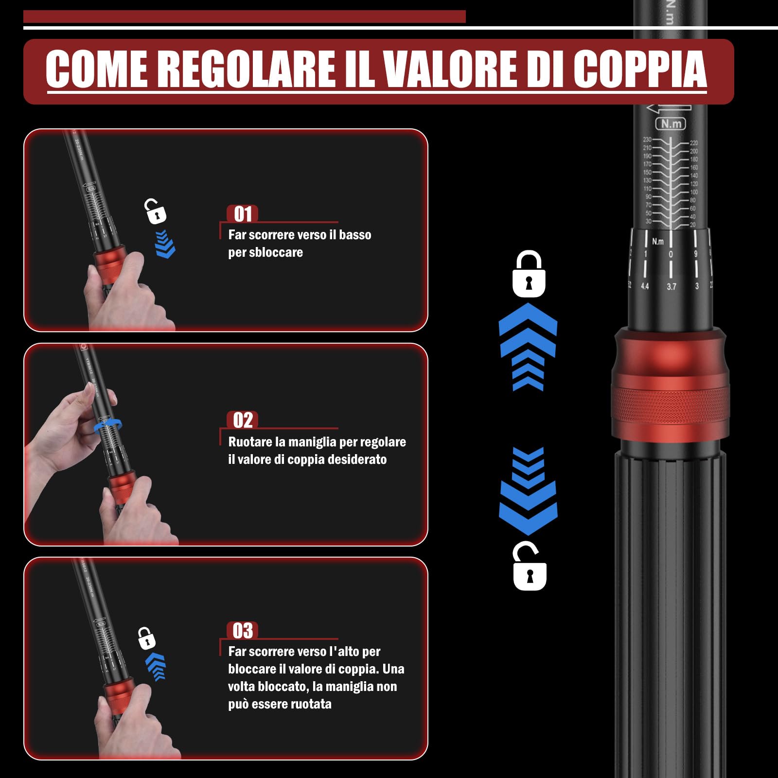 Chiave Dinamometrica 1/2" 20-230 Nm - 6 Pezzi Chiave Dinamometrica Auto, Cricchetto a 72 Denti, con Barra di Prolunga & Adattatore da 1/2 "a 3/8" & Bussole 17mm/19mm/21mm, per Auto, Moto, Cambio Gomme