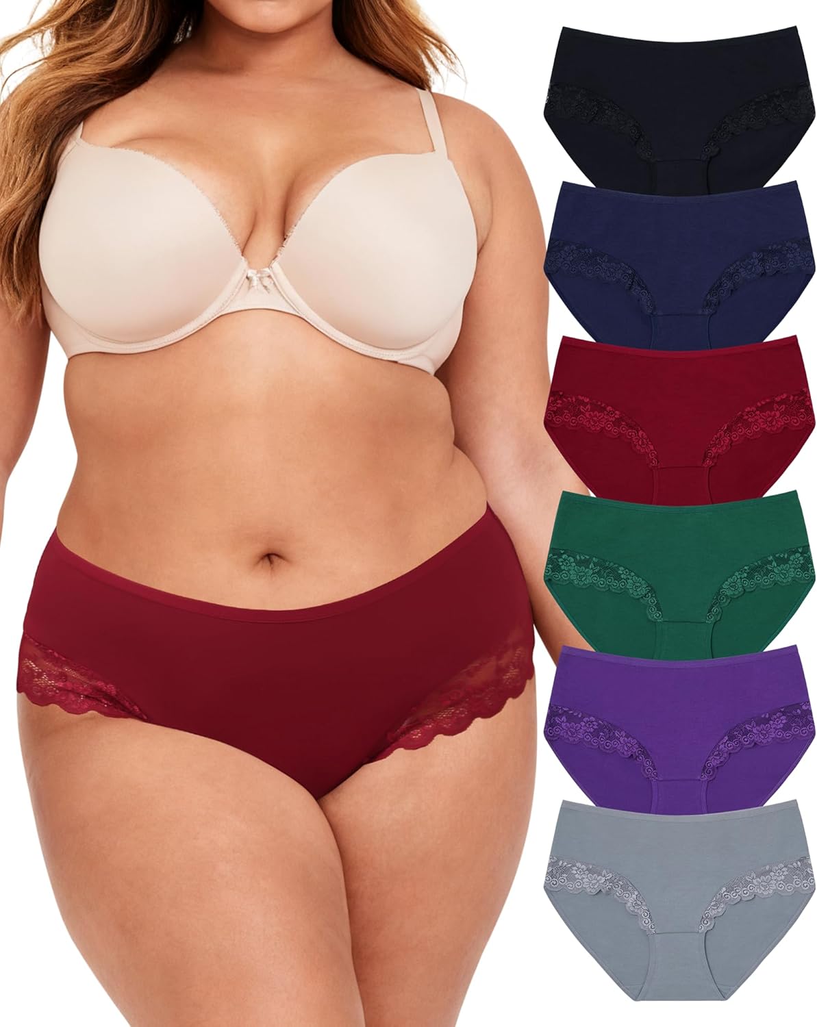LEVAO Plus Size L-4XL Womens Underwear Cotton Cheeky Bikini Lace Hipster Panty Stretch Full Briefs 6 Pack