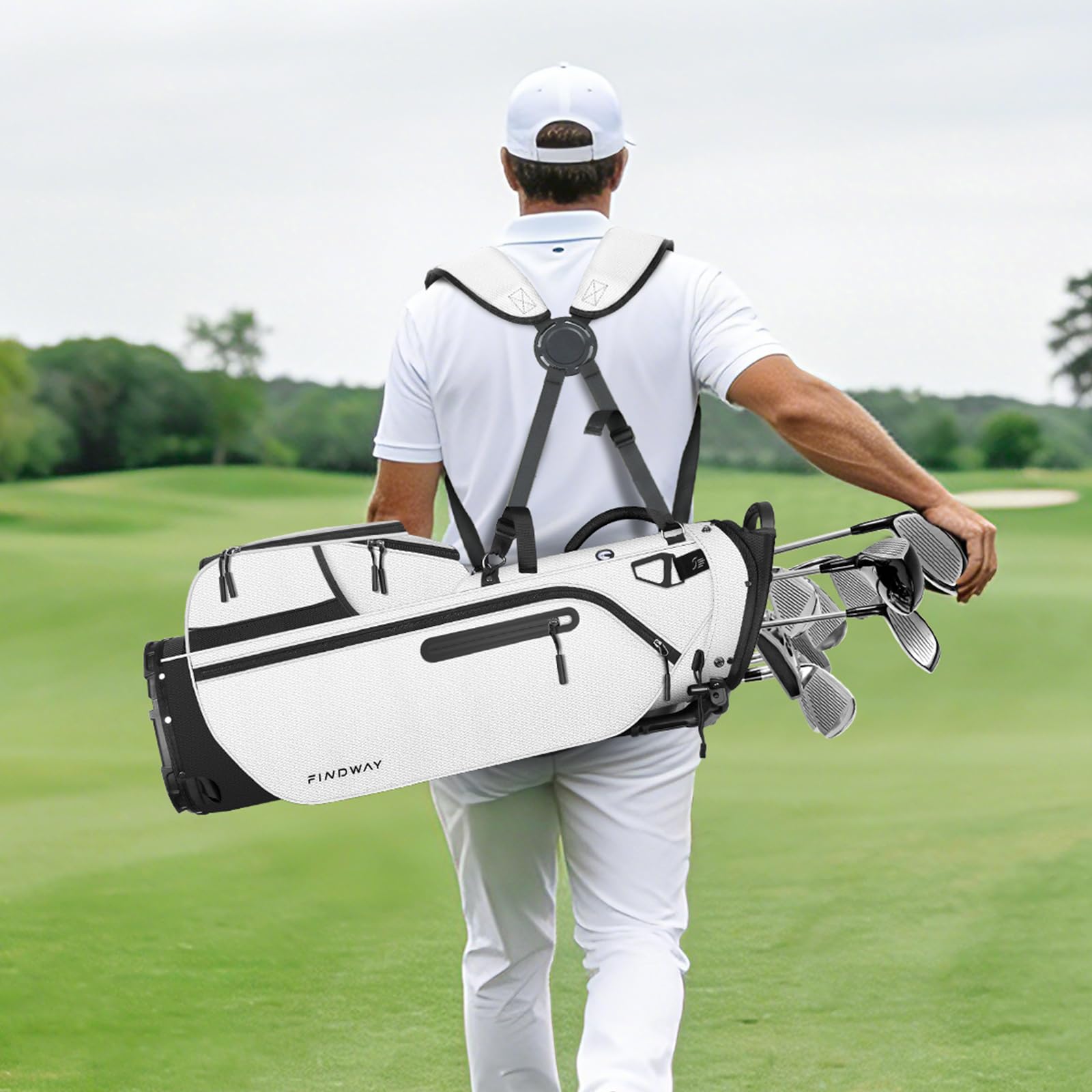 Findway Golf Standbag mit 5 Fach Unterteilung, 7'' Golfbag mit gepolstertem Doppelschultergurt, 5 Taschen, Regenhaube, Leichte Golftasche mit Ständer für Herren und Damen, Geschenk für Golfer