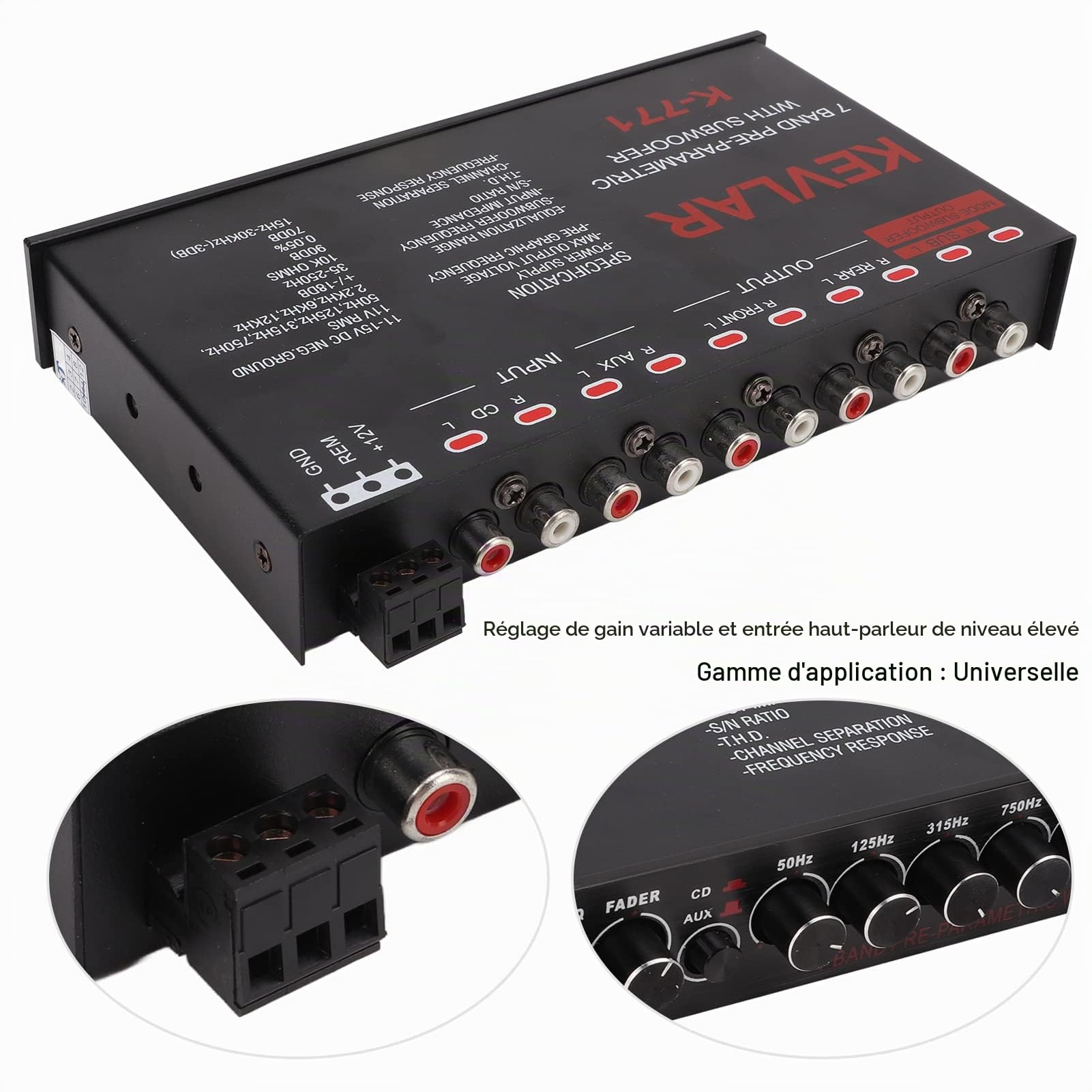 Haut-parleur Coaxial KIMISS, égaliseur Graphique Audio de Voiture Passe-bas Universel Réglage du Gain Variable à 7 Bandes Égaliseur D'entrée de Haut Niveau pour Système Stéréo