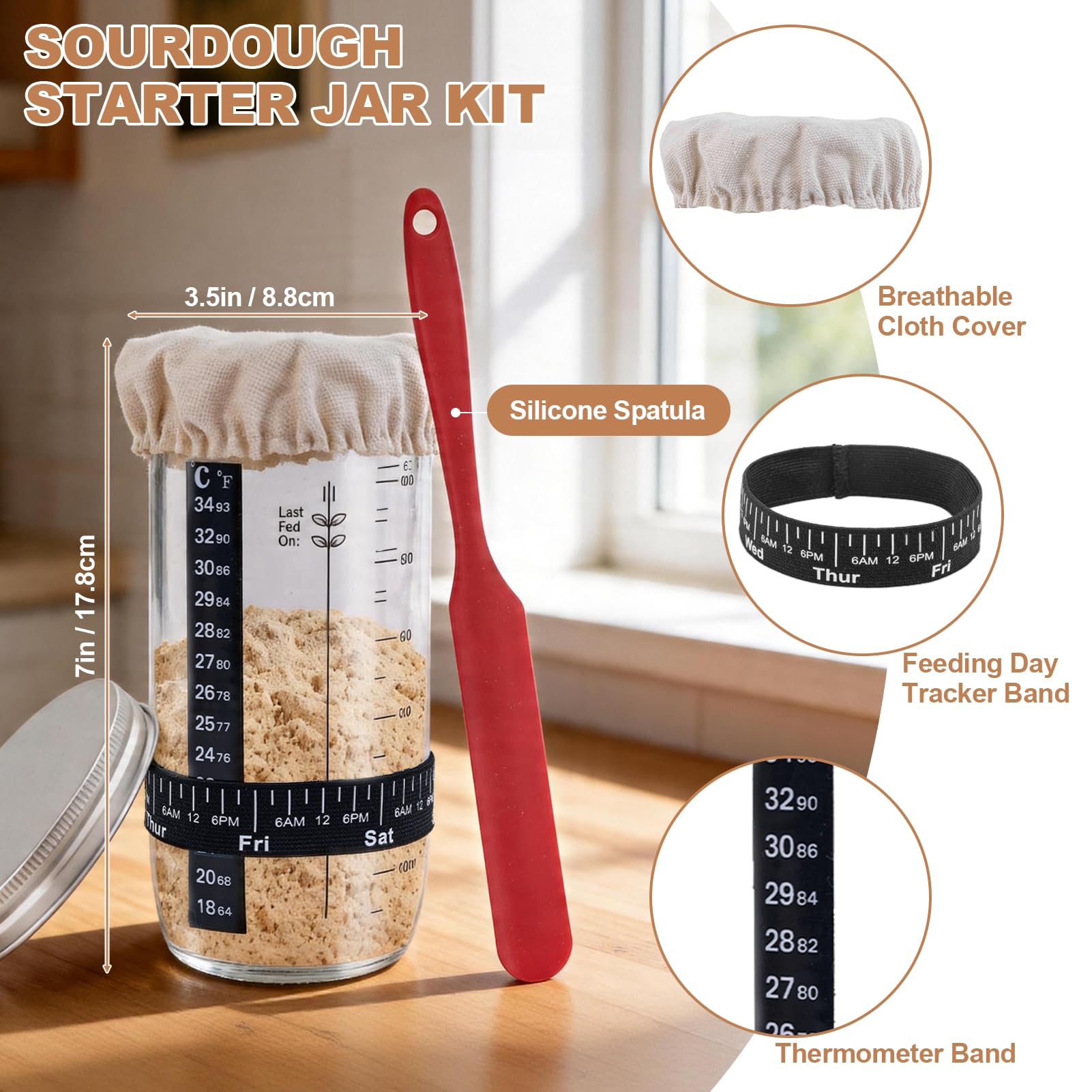 Sauerteig Starter Set mit 2 Gärkörbchen, 730ML Sauerteig Glas, Brotbackzubehör kit, Brot Backen Zubehör für Anfänger und Erfahrener Bäcker