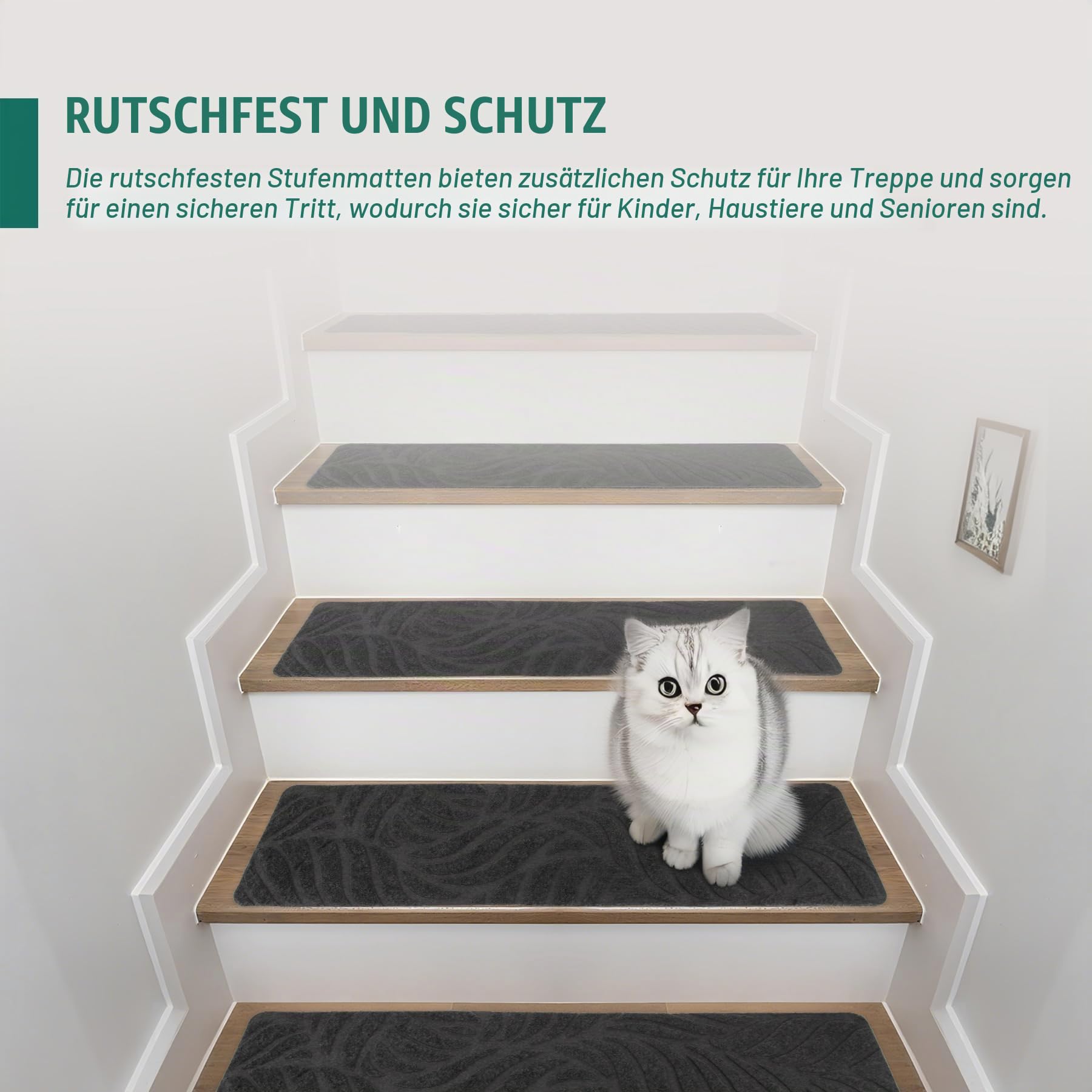 Treppenstufenmatten Selbstklebend 15 Stück, 76 x 20 cm Anti-Rutsch Stufenmatten Zuschneidbar, Rückstandsfrei Waschbar Treppenteppich für Holztreppen Innen, Sicher für Kinder Hunde Senioren(Grau Laub)