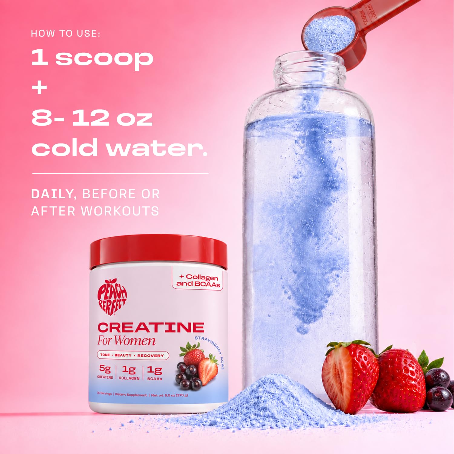 Peach Perfect Creatine for Women – Micronized Creatine Monohydrate Powder with BCAA & Collagen for Glute Strength Support, Boost Energy, Focus, Strength, and Endurance – Strawberry Acai, 30 Servings — Amazon image 7