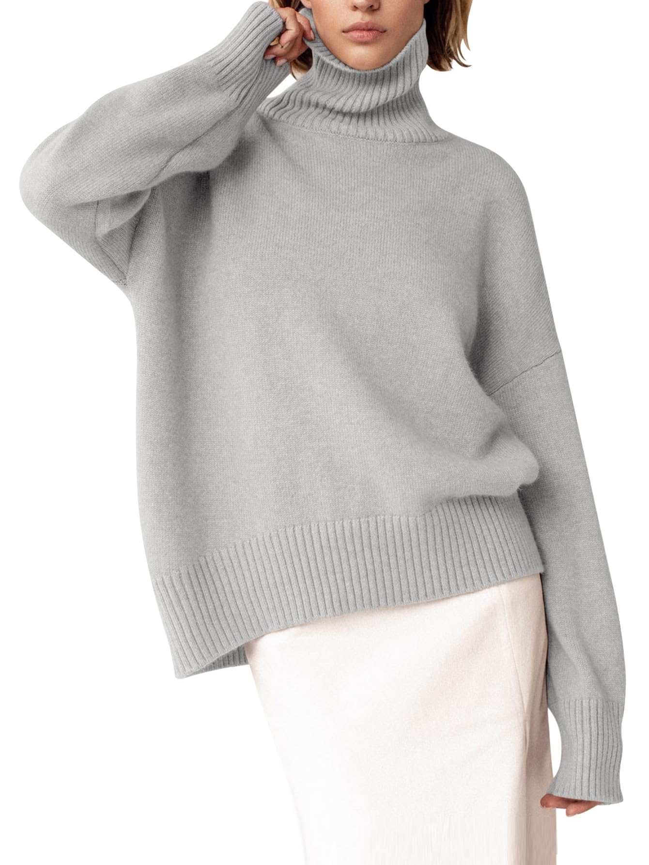 YKR Women's Turtleneck Sweater Chunky Long Sleeve Knitted Pullover High Low Hem Sweater Jumper Top Grey L