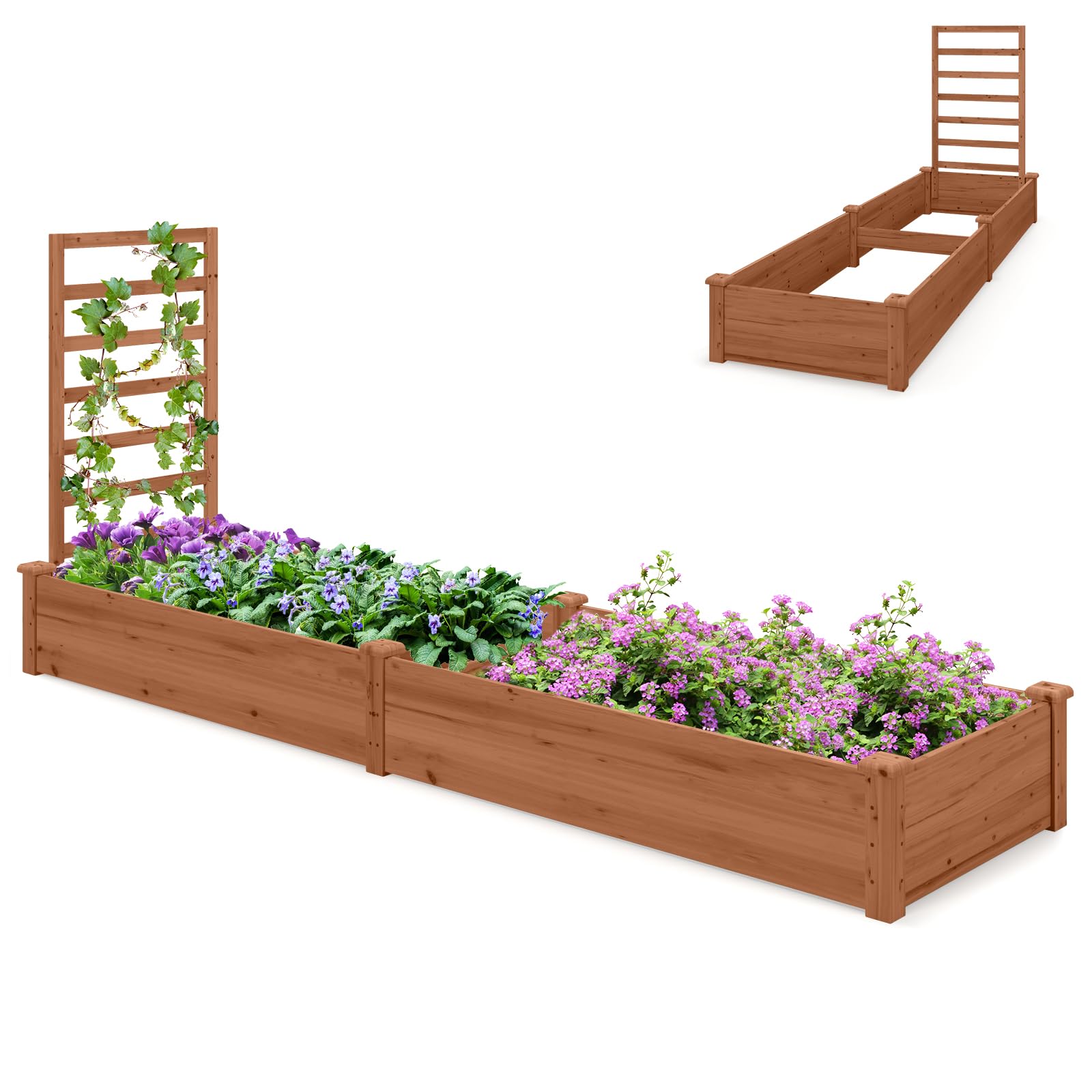 HOMASIS Jardiniere Extérieur Grande Taille avec Treillis, Carré Potager en Bois avec Support pour Plantes Grimpantes, Lit de Jardin pour Terrasse Balcon, 235 x 63 x 102 cm (Marron)