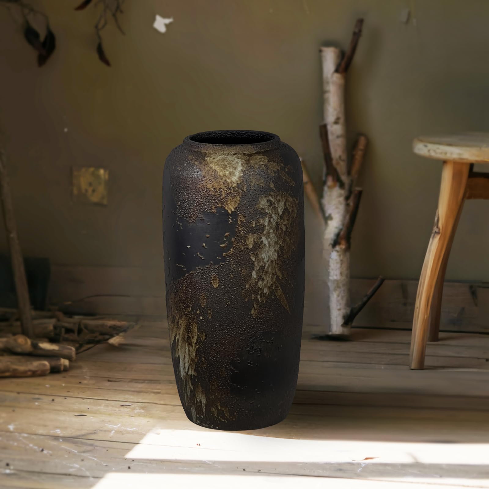 JIDOFUE Jarrón de suelo negro de cerámica vintage, 40 cm, estilo bohemio rústico para hierba de las Pampas, flores o decoración, perfecto para salón, entrada o mesa