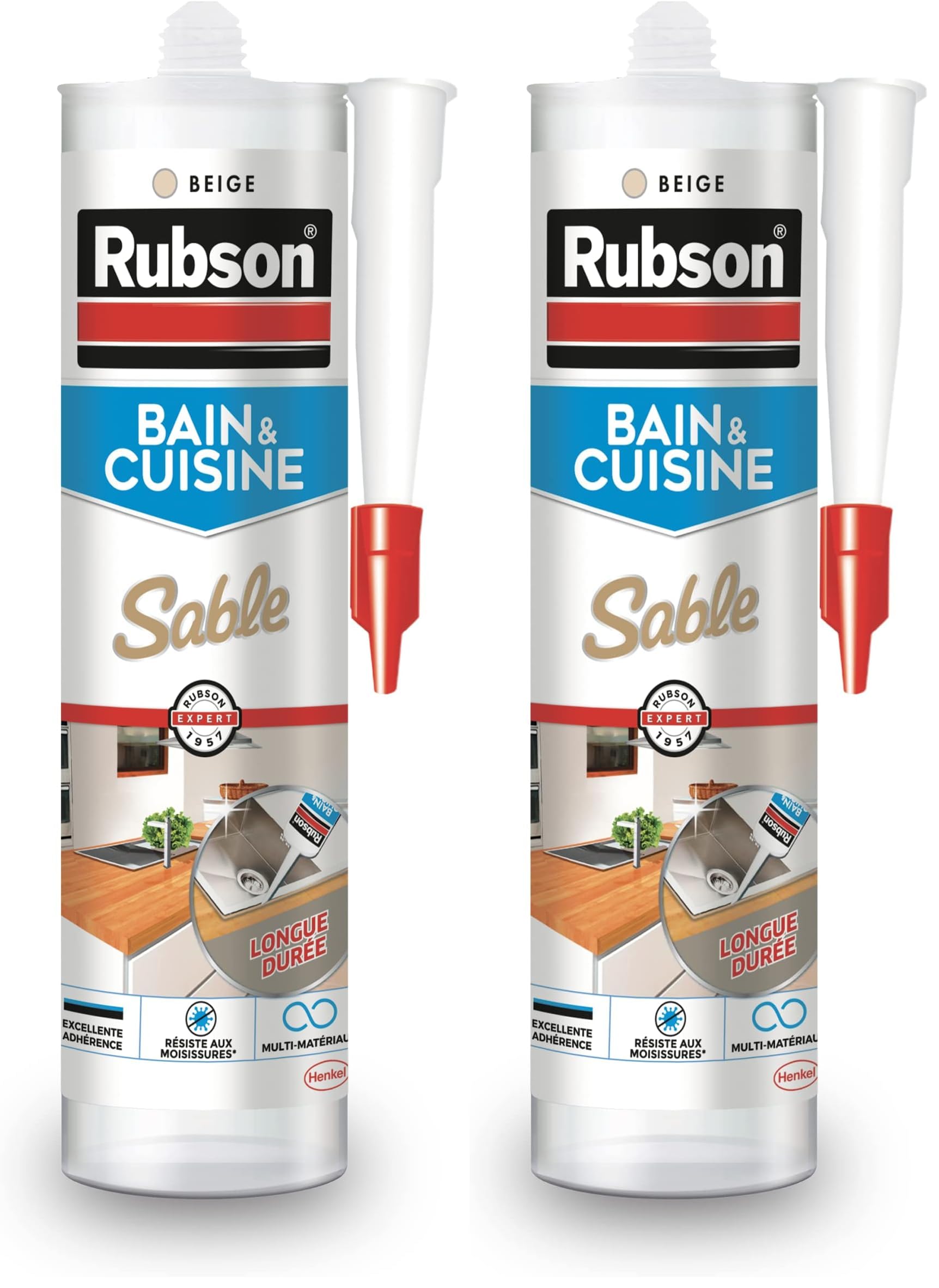 Mastic silicone Rubson sable étanche pour joint de bain et cuisine (280 ml, Lot de 2)