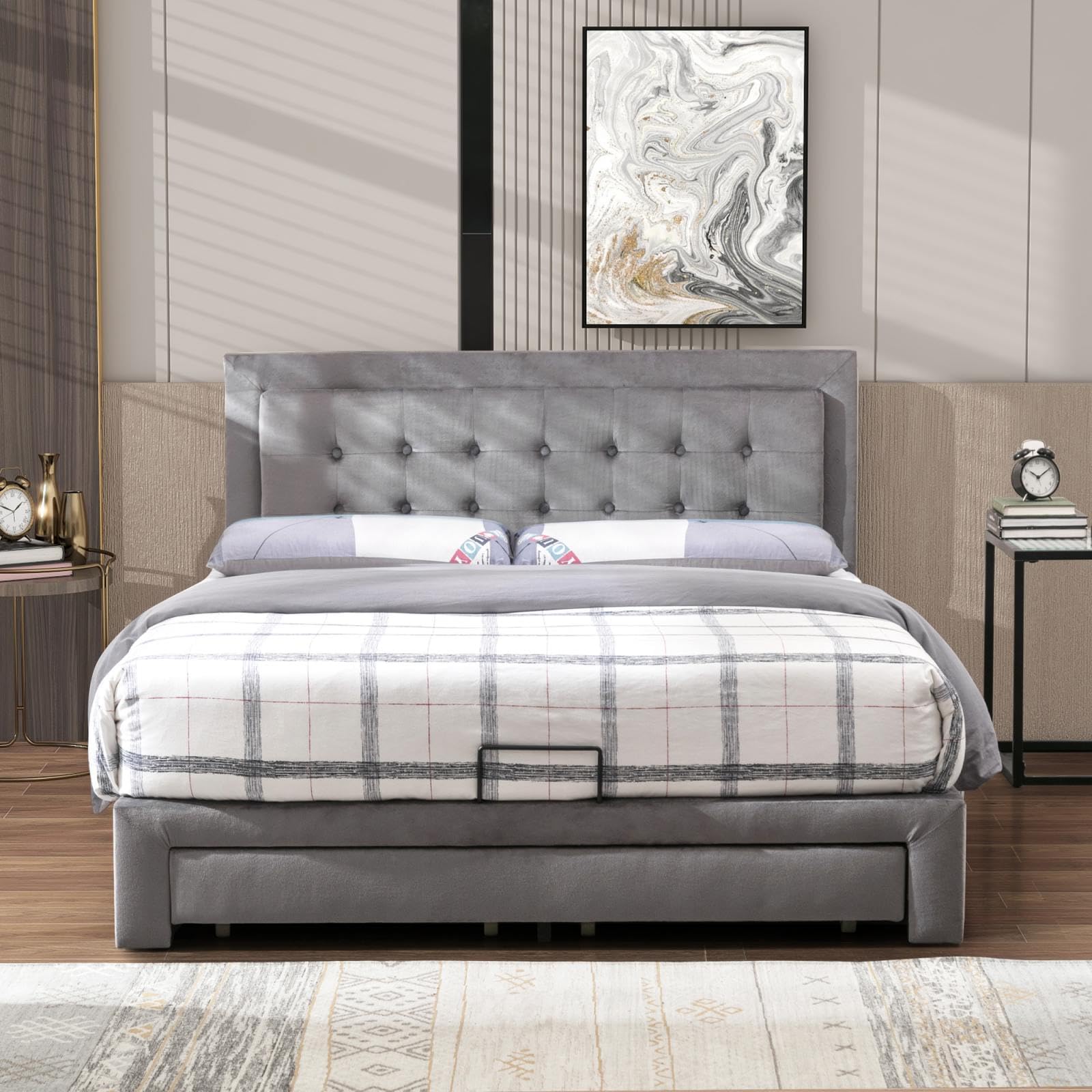 Letto Matrimoniale Imbottito 140x200 Cm Con Contenitore – Beige – Testiera A Canali – Con Rete A Doghe
