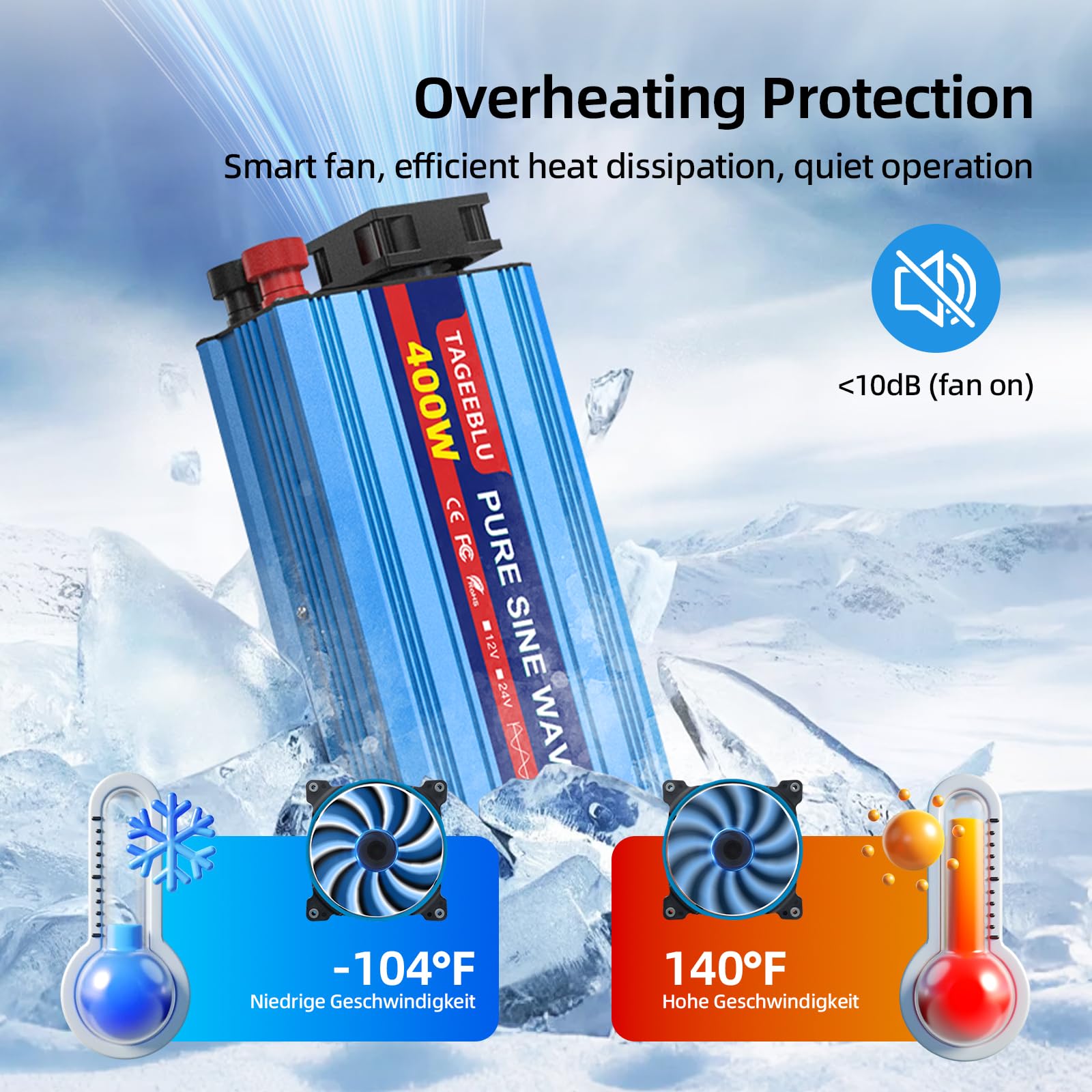 Pure Sine Wave Power Inverter 400w DC 12V to AC 240V Voltage Converter with AC Outlets,digital display,and safety switch,for Motorhomes,Trucks,Boats,Camping,800W Peak Power - 4
