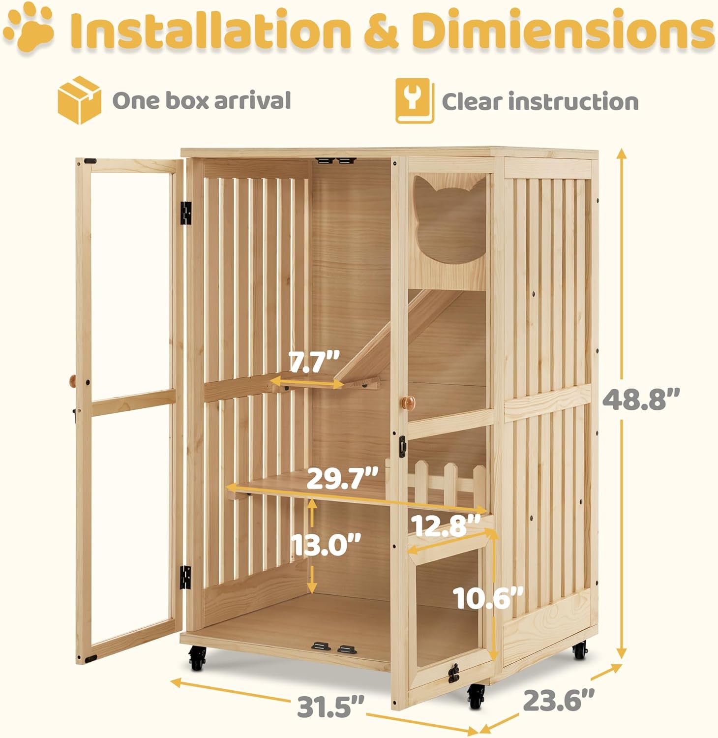 review MCombo Wooden Cat Houses for Indoor Cats, Luxury Cat House with Scratching Pad, Lockable Doors, Wheels, CT090