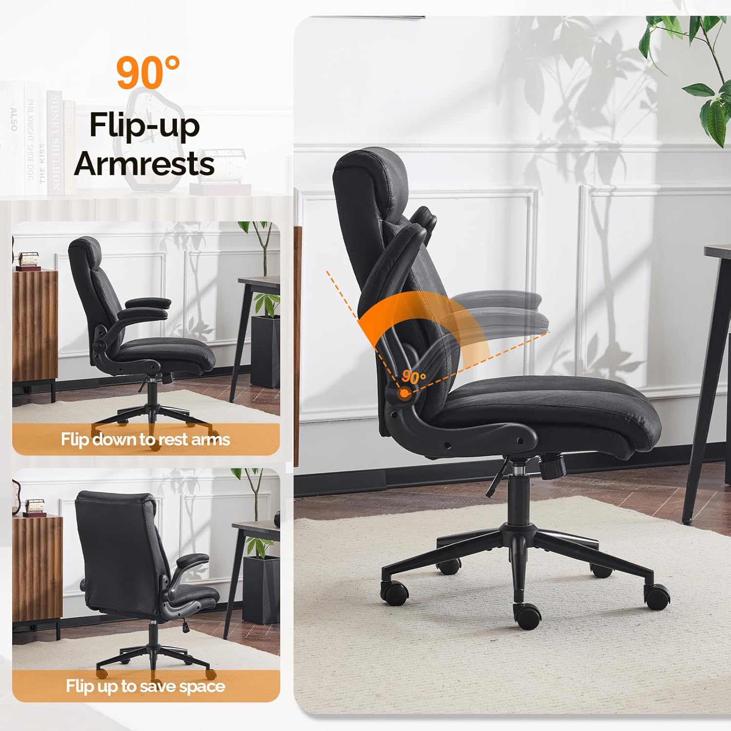 Illustration of the VINGLI office chair's 90-degree flip-up armrests, demonstrating how they can be raised to save space or lowered for support.
