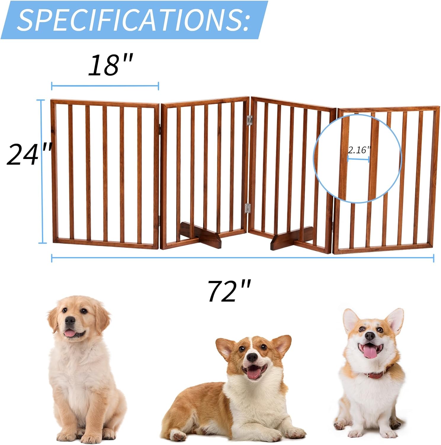 Outvita Freestanding Dog Gate, 24" H Foldable Wooden Pet Barrier Fence,4-Panel Extra Wide Pet Fence with Support Feet for Stairs，Hallways,Doorways(Brown)