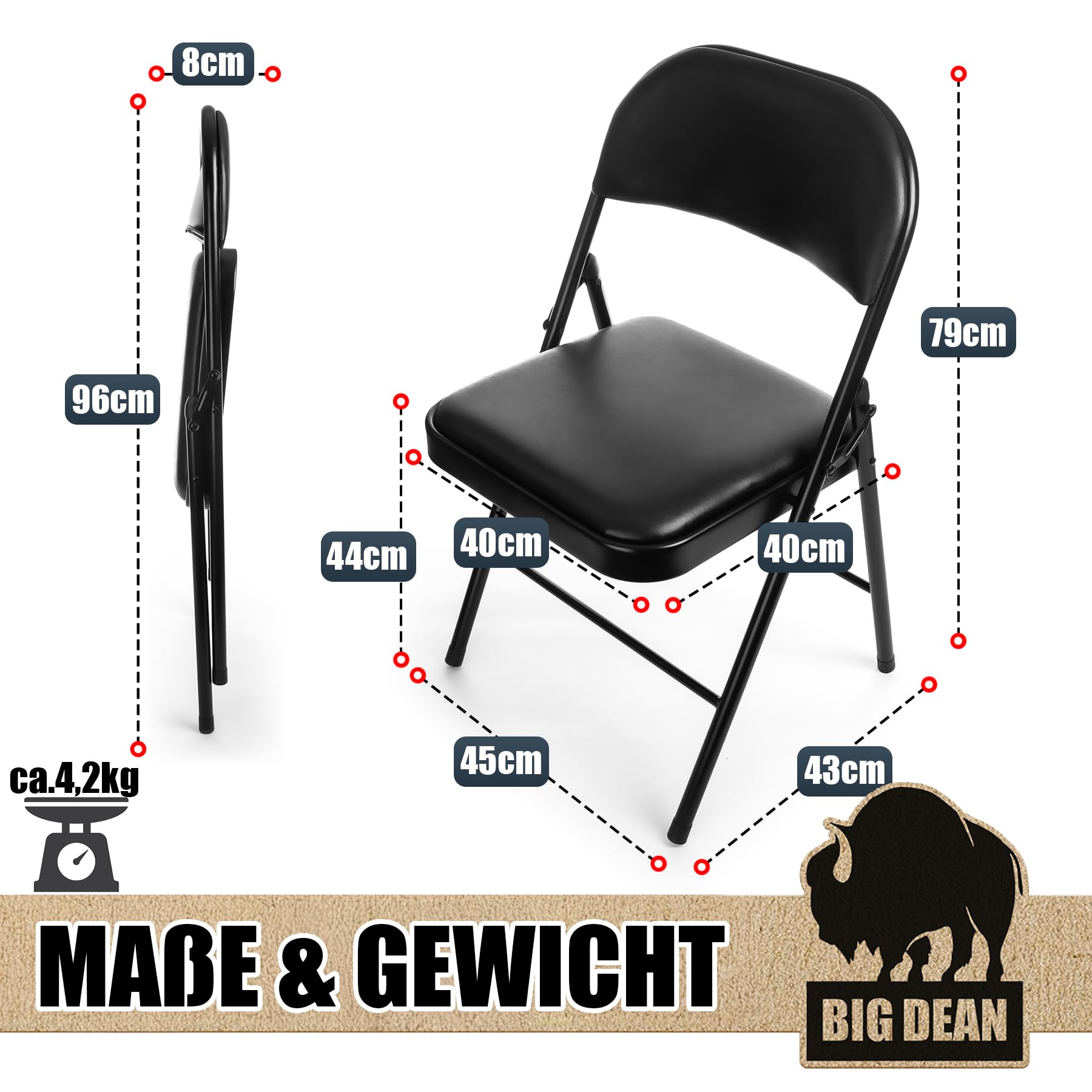 BigDean Klappstuhl 6 Stück gepolstert Klappstühle schwarz Metall Stuhl mit Kunstlederbezug robust bis 130 kg belastbar