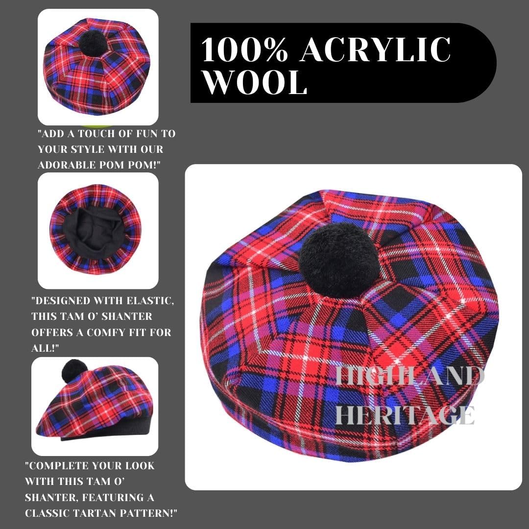 Tam o Shanter - Traditional Scottish Hat for Men, Authentic Bonnet Acrylic Wool Women Cap with Pom-Pom, One Size Fits for All - Image 5