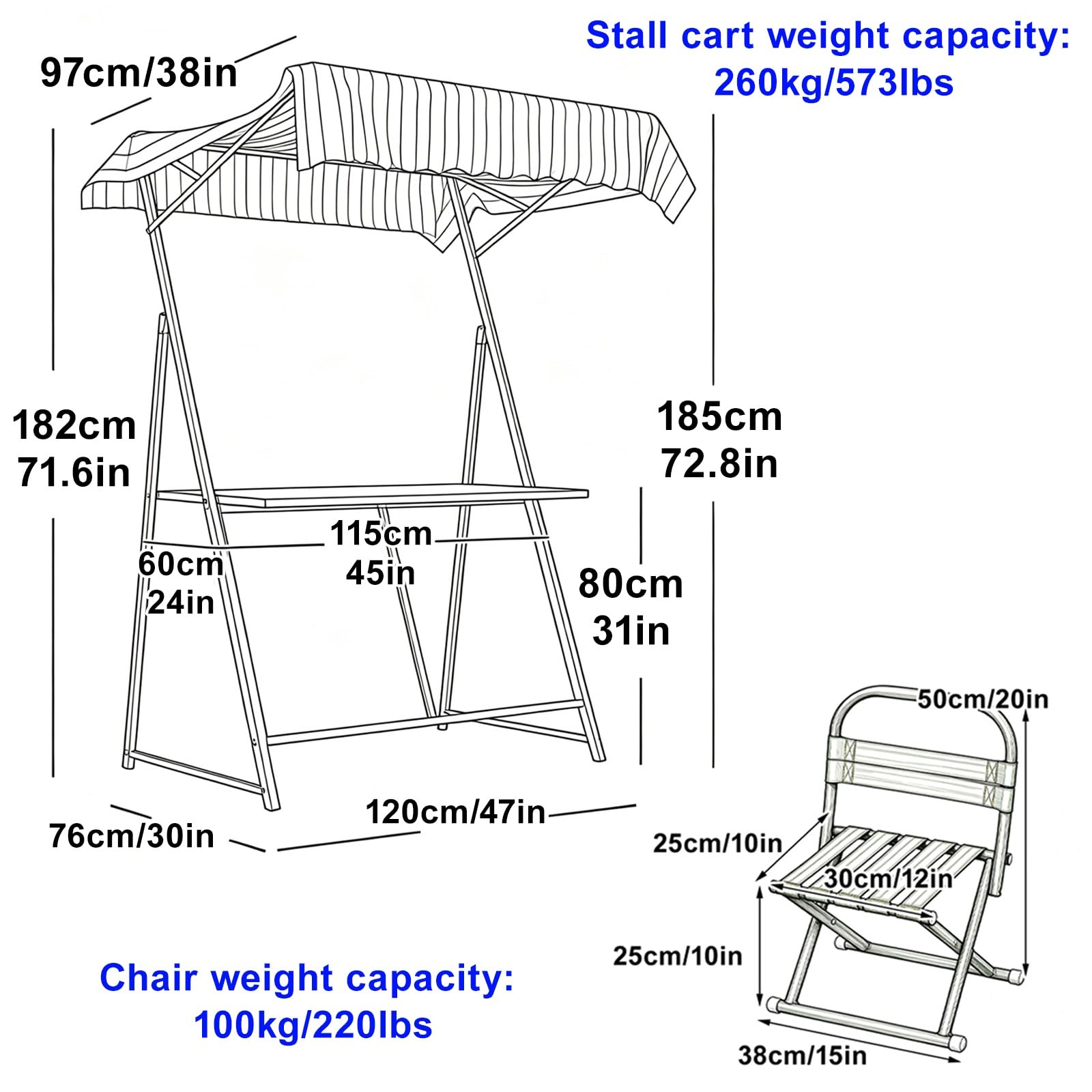 Carrello Venditore Portatile con Tenda e Sedia, Banco Commerciale per Mercato All'aperto, Chiosco Alimentare per Eventi e Barbecue(Red)