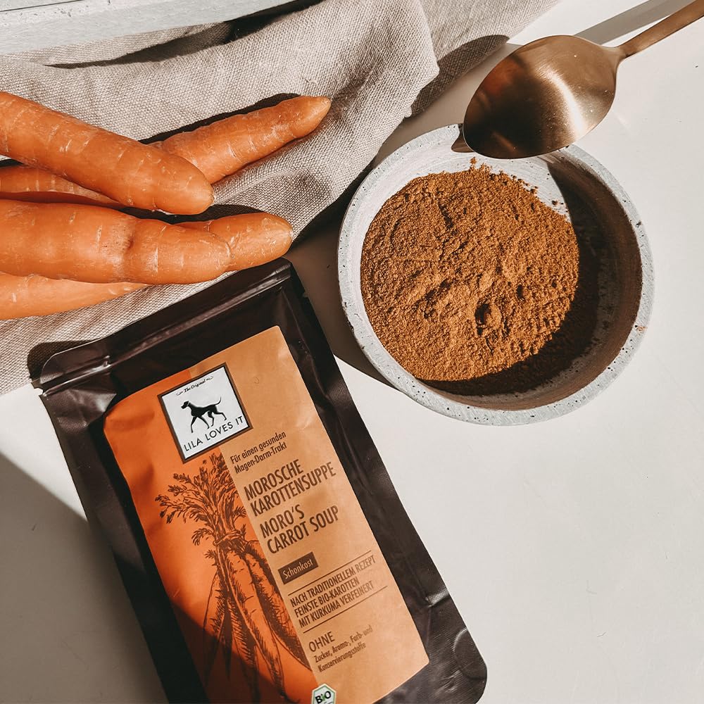 LILA LOVES IT Bio Morosche Karottensuppe für Hunde – altbewährtem Hausrezept, beruhigt den Magen-Darm-Trakt, vegan, Bio MOROSCHE KAROTTENSUPPE, 18 x 130ml Beutel