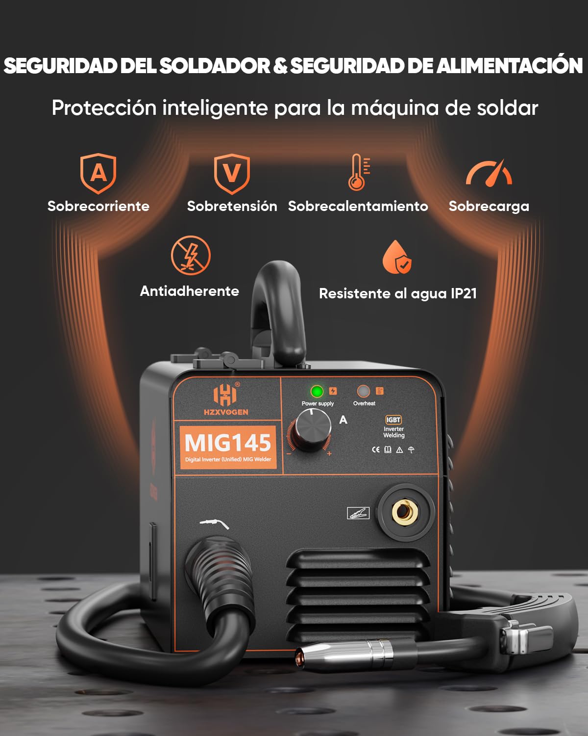 Soldador de Hilo sin Gas, 145A Soldador Inverter IGBT, Soldadura de alambre de llenado, Mini Portátil Soldador MIG