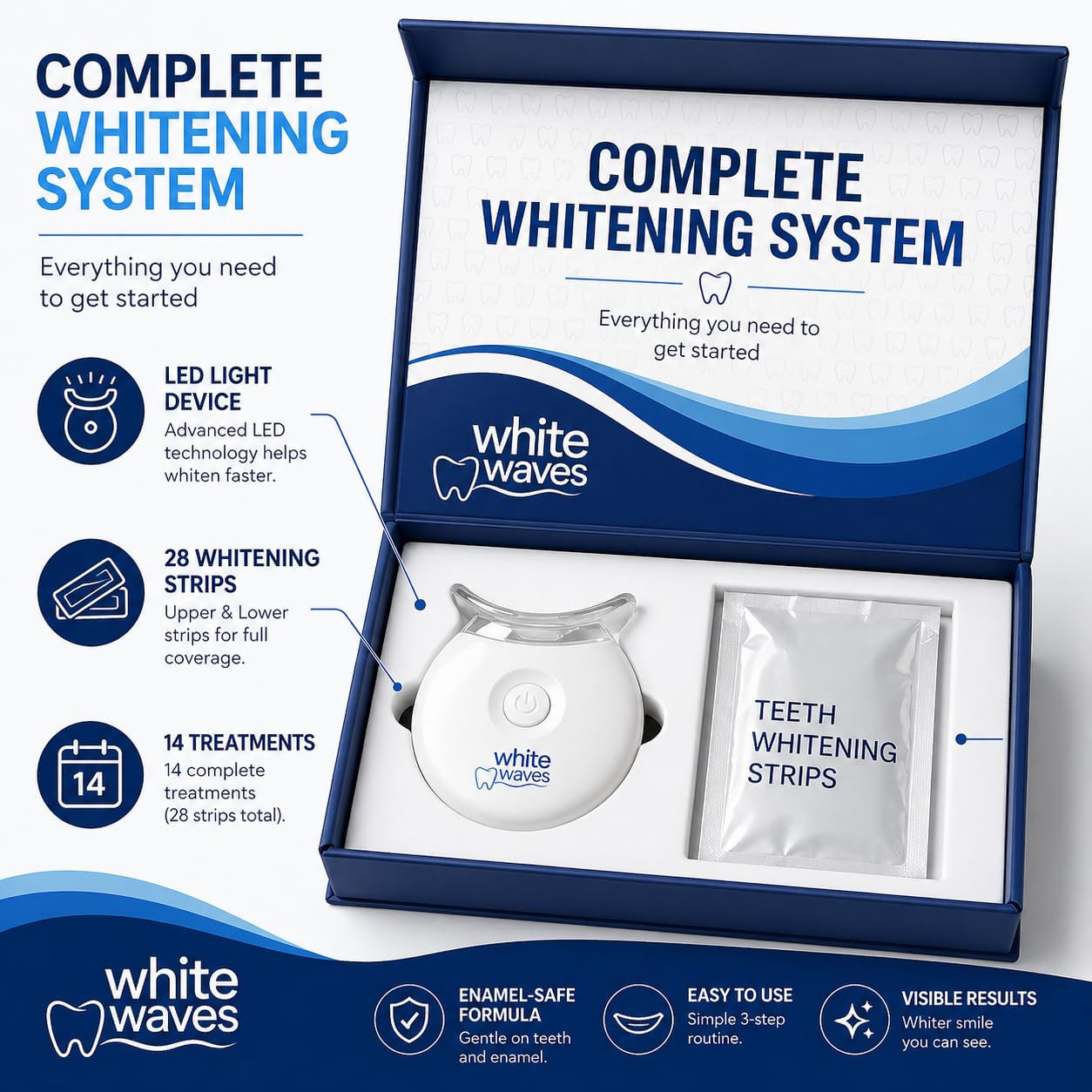 Kit de blanqueamiento dental con luz LED - Tiras blanqueadoras seguras para esmalte (14 tratamientos) - Sistema de blanqueamiento White Waves en casa