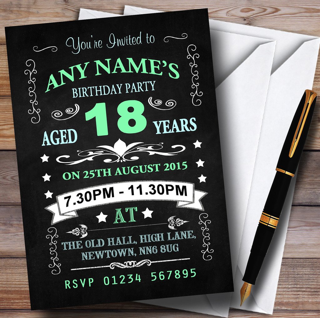 Vintage Chalkboard Style Green And Blue 18Th Birthday Party Personalised Invi.